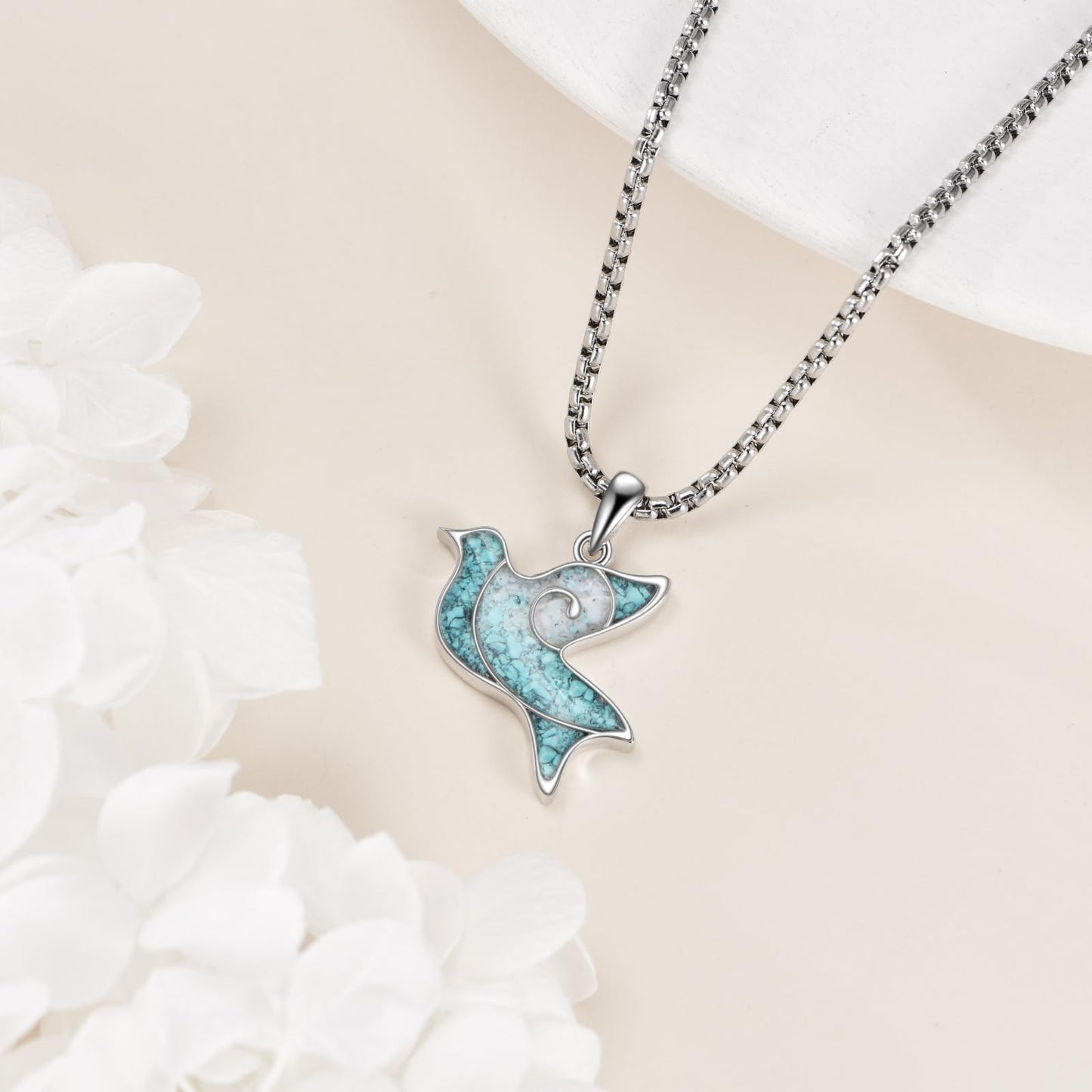 HKPATOP Dove Necklaces 925 Sterling Silver Turquoise Dove Bird Pendant Necklace Dove Jewelry Gifts for Women Mom Peace Lovers