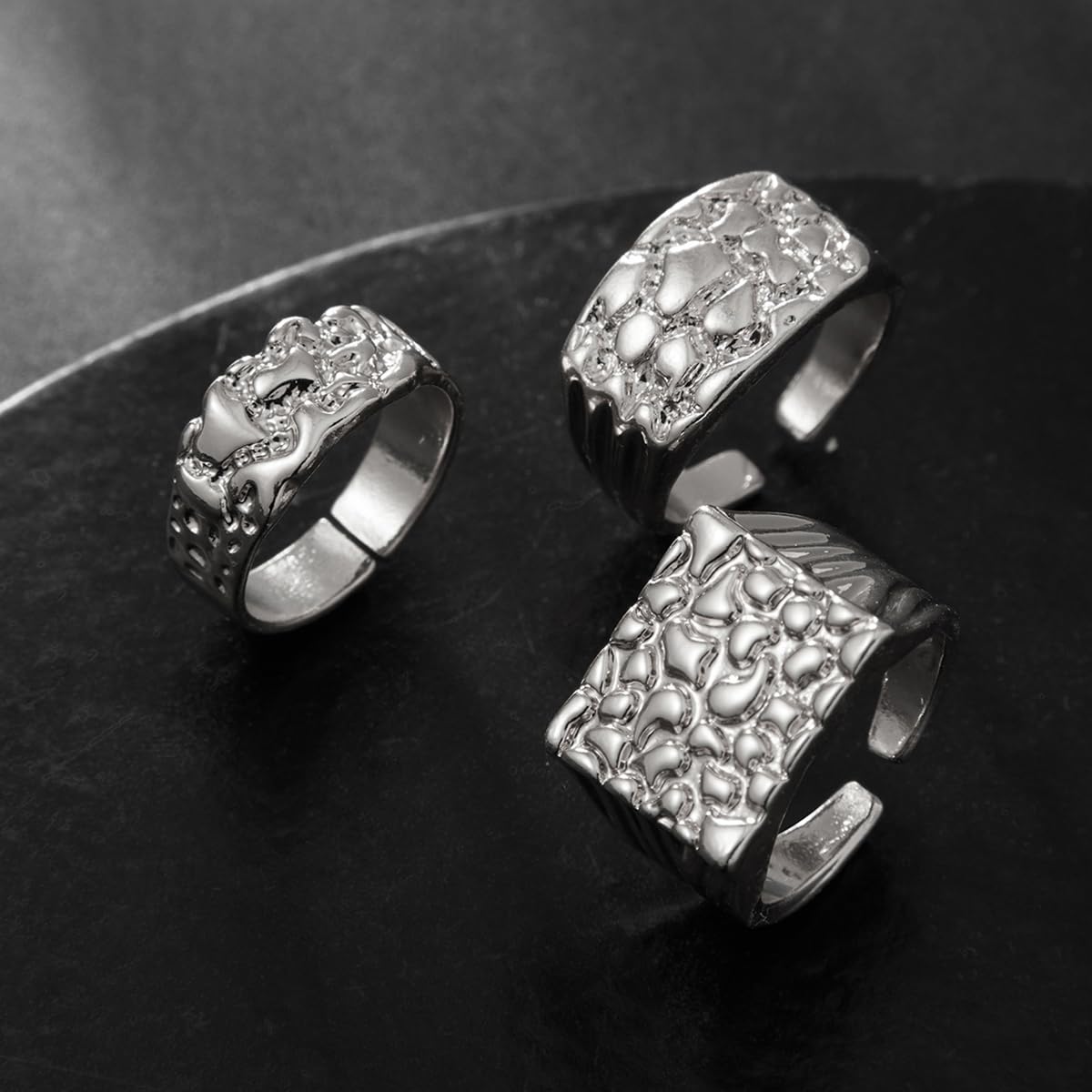 3Pcs Gold Chunky Knuckle Rings for Men Women Punk Stackable Finger Rings Set Hip Hop Harmmered Texture Statement Ring Vintage Gothic Ring Birthday Party Christmas Halloween Valentines Day Wedding Holiday Jewelry (Silver)