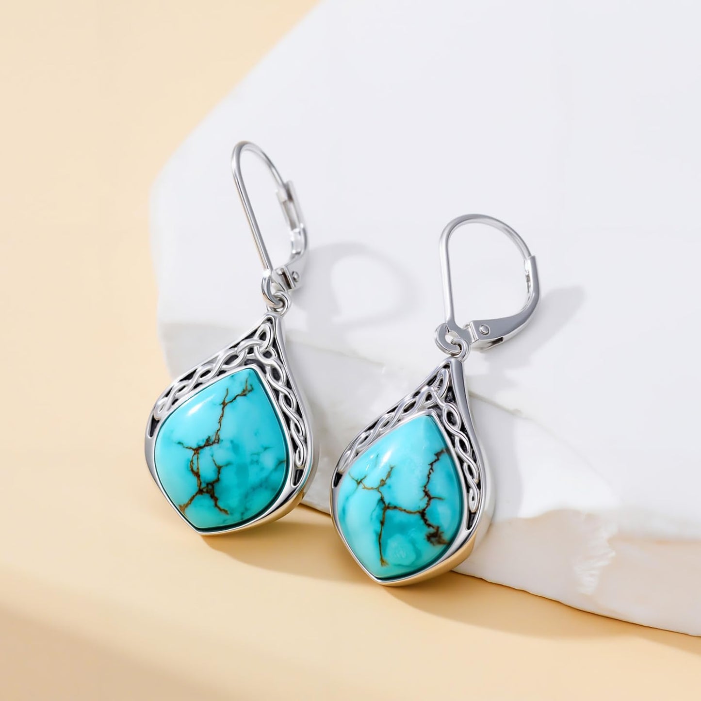 Eetaitai Natural Turquoise Earrings for Women 925 Sterling Silver Celtic Knot Teardrop Leverback Dangle Earrings Vintage Boho Earrings Native American Western Jewelry Mothers Day Gifts for Mom Wife Sister