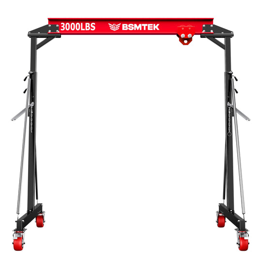 BSMTEK 1.5 Ton Gantry Crane Capacity, 3000LBS Adjustable Height (8.53-12.47 FT) & Width (6.56 FT), Steel I-Beam Construction, Portable Shop Hoist for Factories, Warehouses, Red-2026 Upgraded