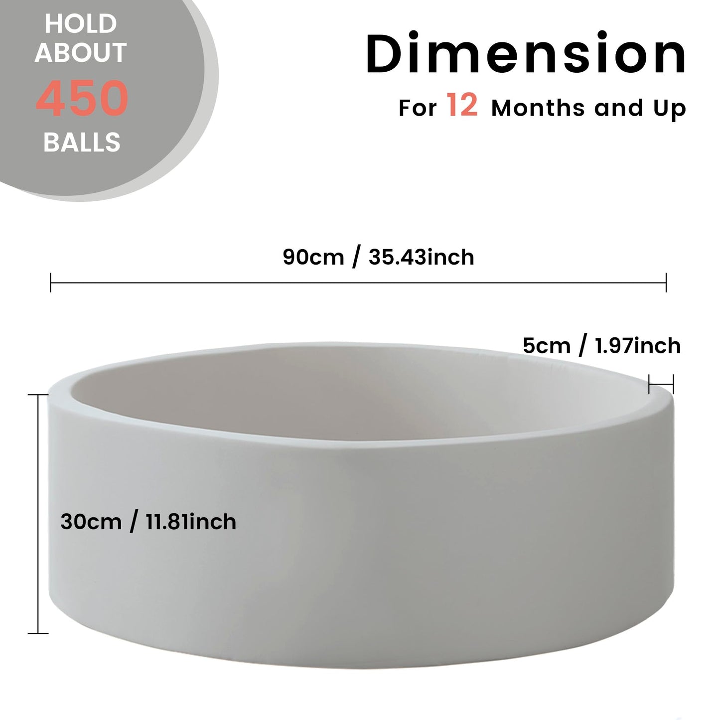Zedachica Ball Pit for Toddlers 35.43''x11.81 Baby Ball Pits Soft Memory Foam Ball Pit Round Kids Ball Pit Indoor Game Kids Play Ball Pool Ideal Gift for Girls and Boys (Grey, NO Balls)