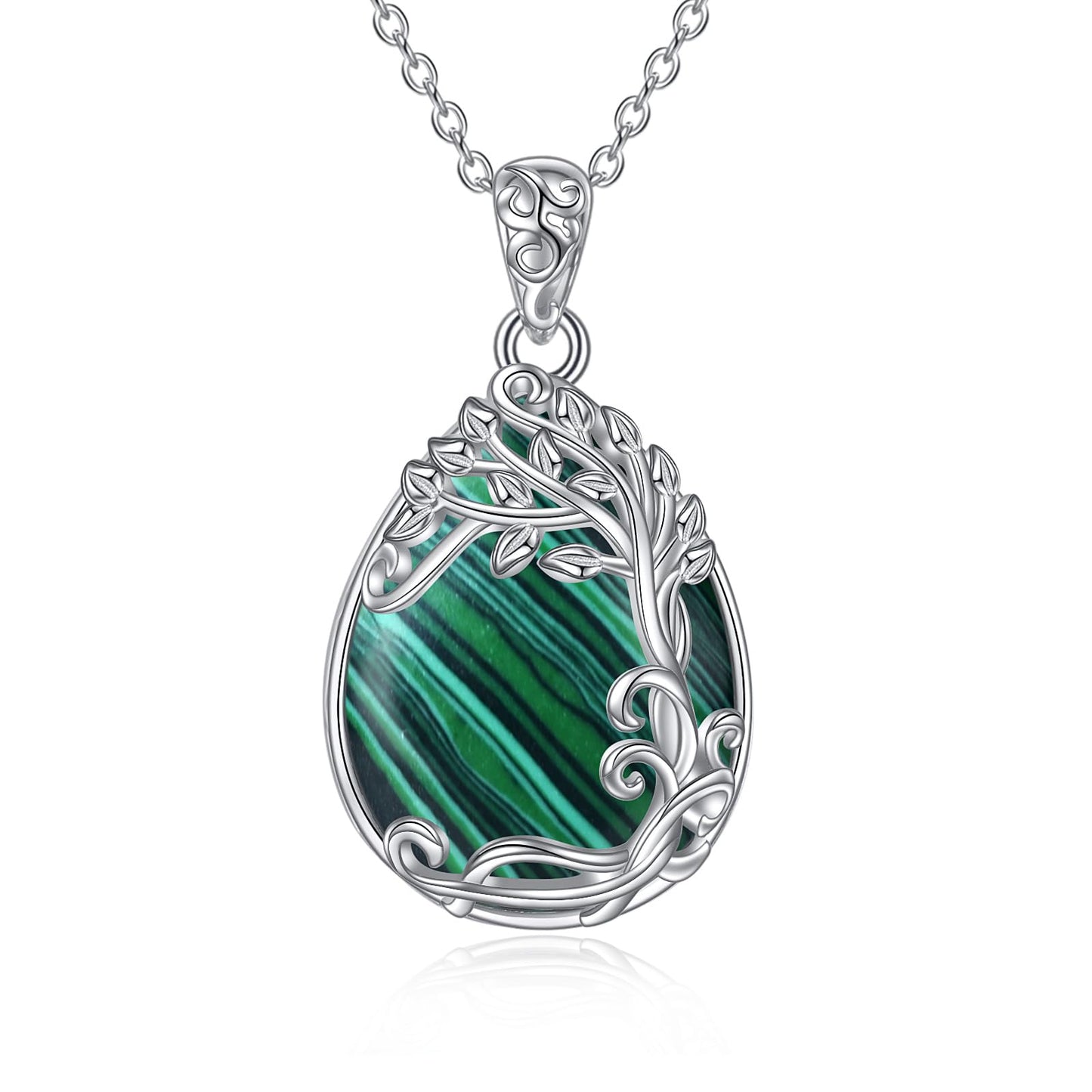 YAFEINI Malachite Necklace for Women 925 Sterling Silver Tree of Life Teardrop Pendant Necklace Jewelry Gift (RR-Tree of Life Malachite Necklace)