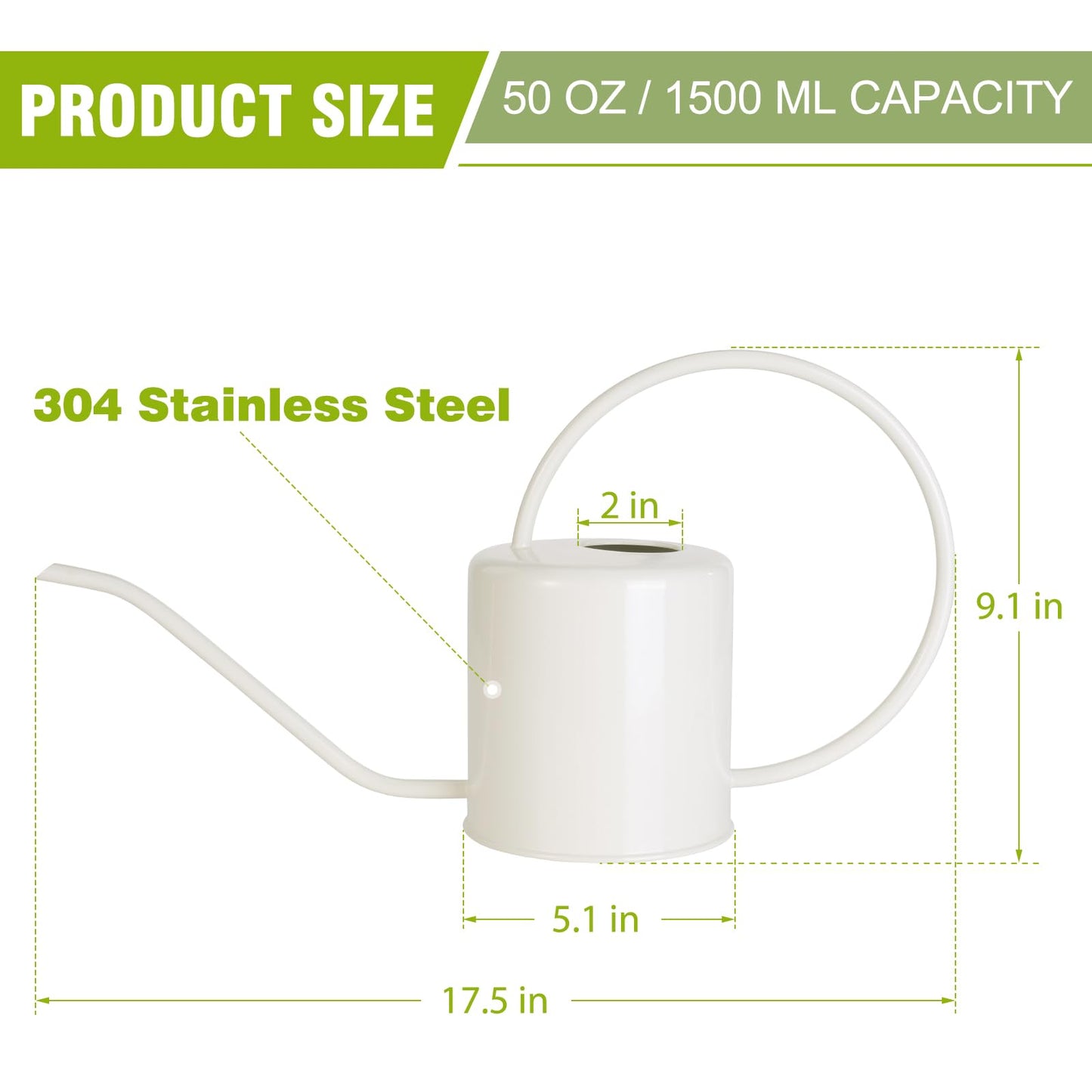 Plant Watering Can, 50 oz / 1500 ml Stainless Steel Metal - Modern Decorative with Long Spout for Indoor Potted Plants, Bonsai, Garden Flowers, Cream White