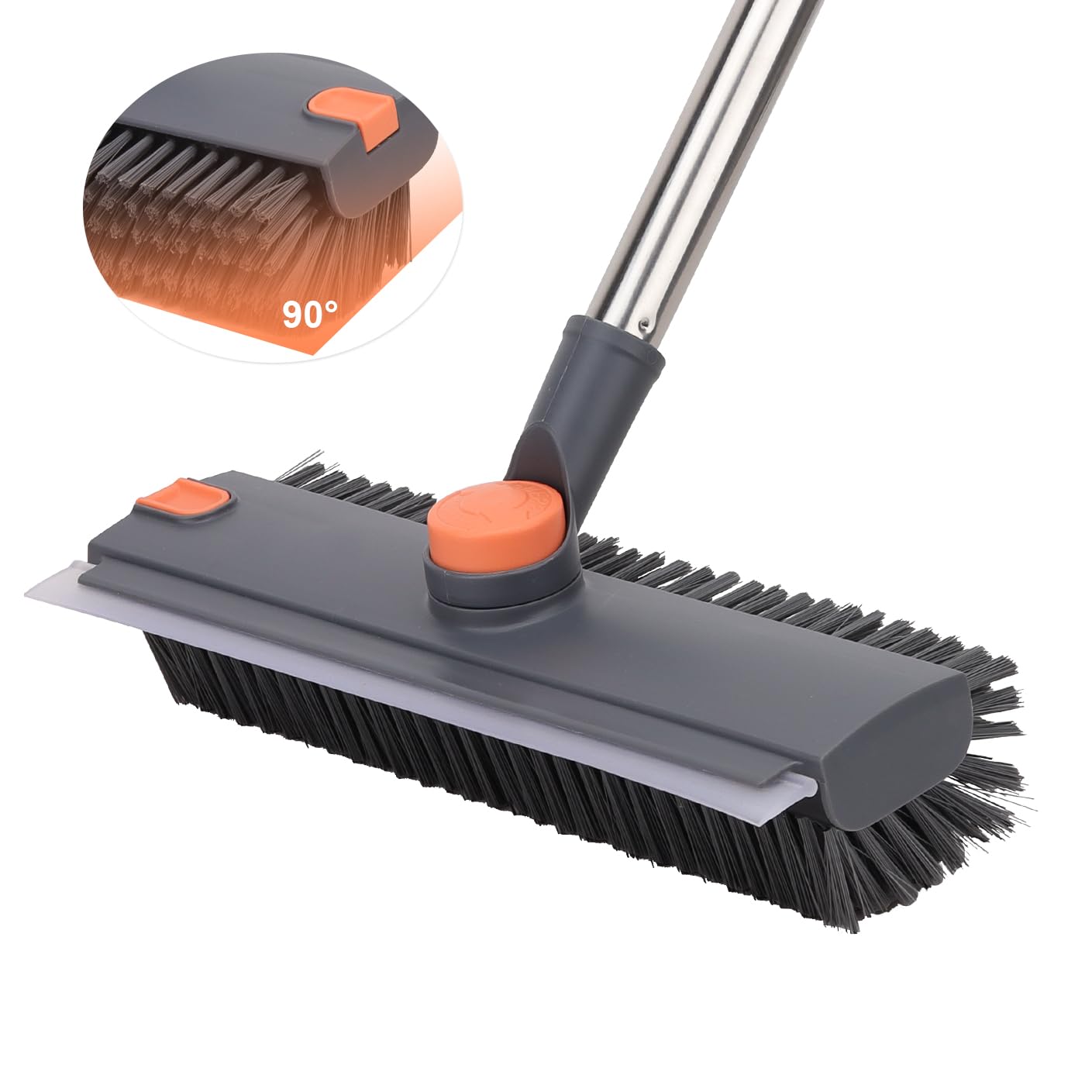 Floor Scrub Brush with 64" Long Handle - 360° Swivel Heads Household Push Brush with Squeegee and Right Angled Bristle for Cleaning Concrete Floors Grout Gardens Patio Deck Concrete Garage Heavy Duty