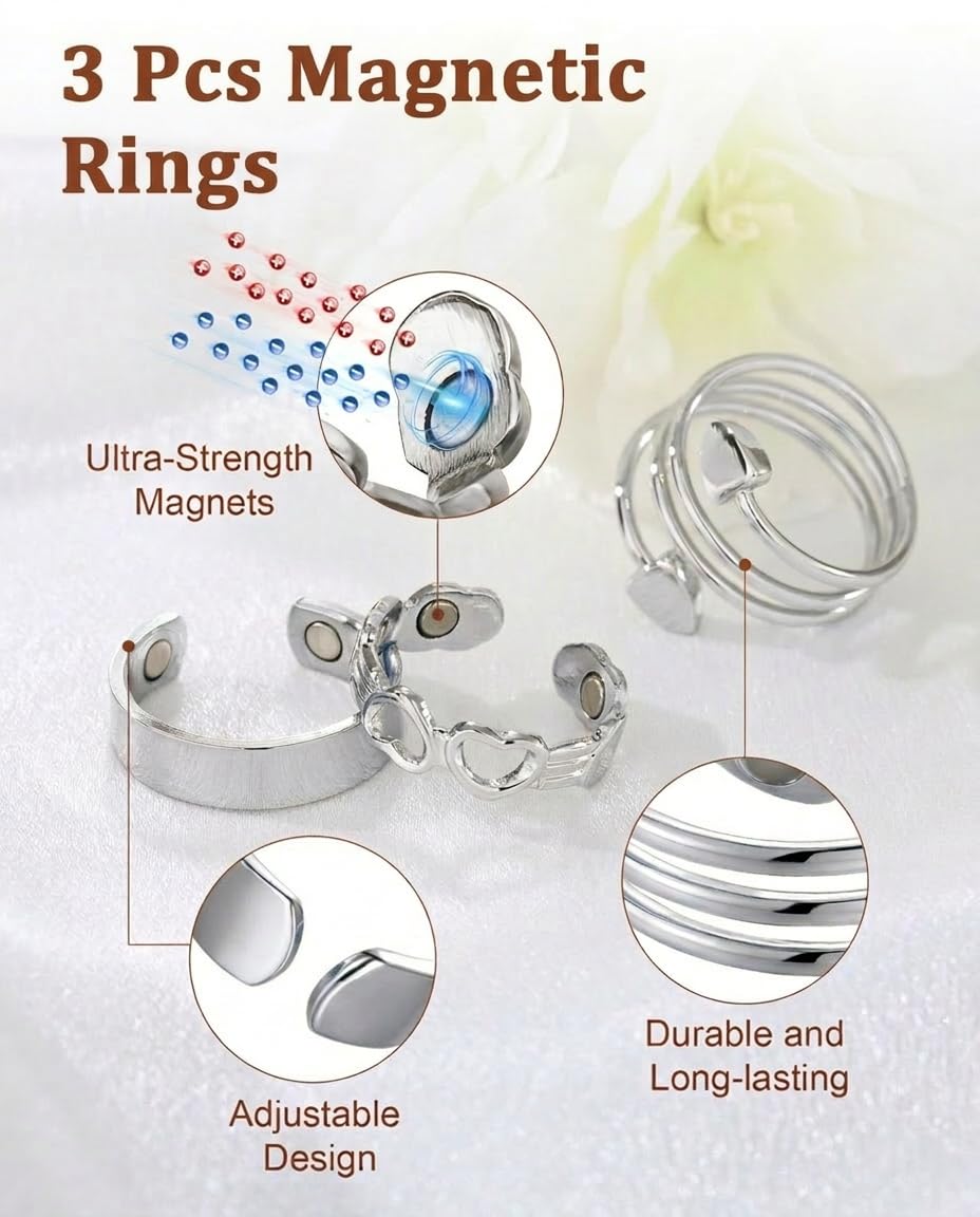 BioMag Copper Rings for Women, 99.99% Pure Copper Magnetic Rings Thumb Rings for Lymphatic Drainage, Adjustable Jewelry Gifts for Women (Silver)