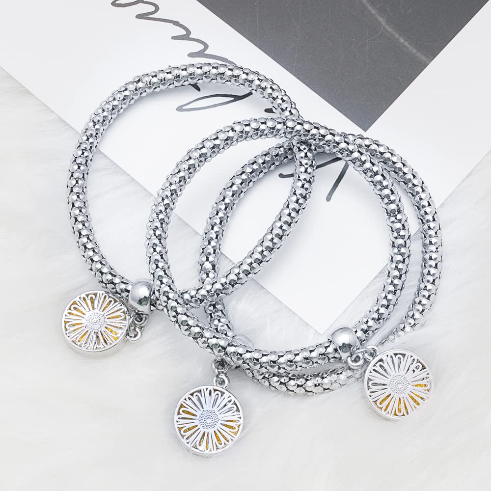 Crystal Charms Multilayer Bracelets - 3PCS Gold/Silver/Rose Gold Corn Chain Bracelet for Women, Tree of Life Heart Shaped Stretch Bracelet (Silver Daisy Charm)