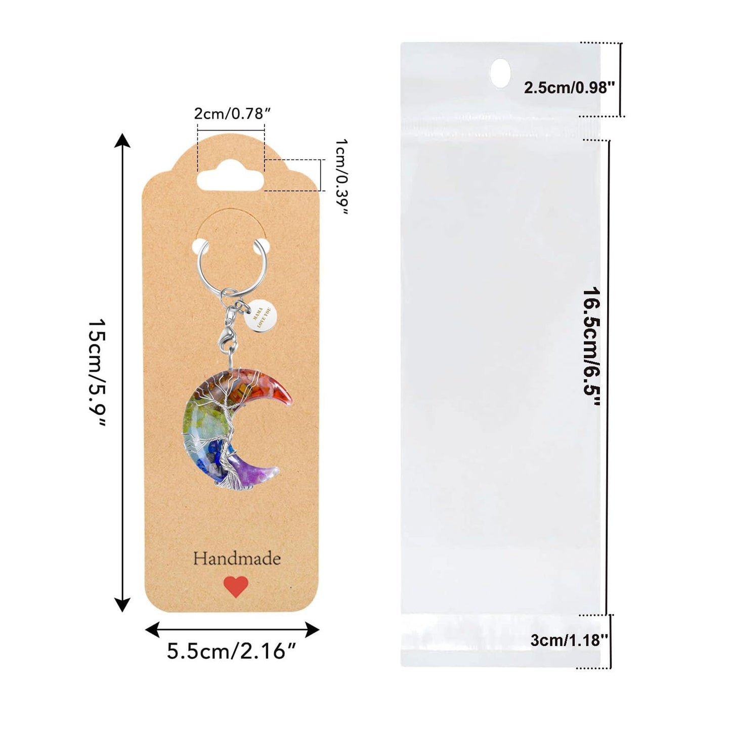 100PCS Keychain Display Cards with Clear Bags, 2.16'' x 6'' Handmade with Love Kraft Paper Jewelry Cards for Small Business Selling, Bulk Keychains Packaging Supplies (Brown)