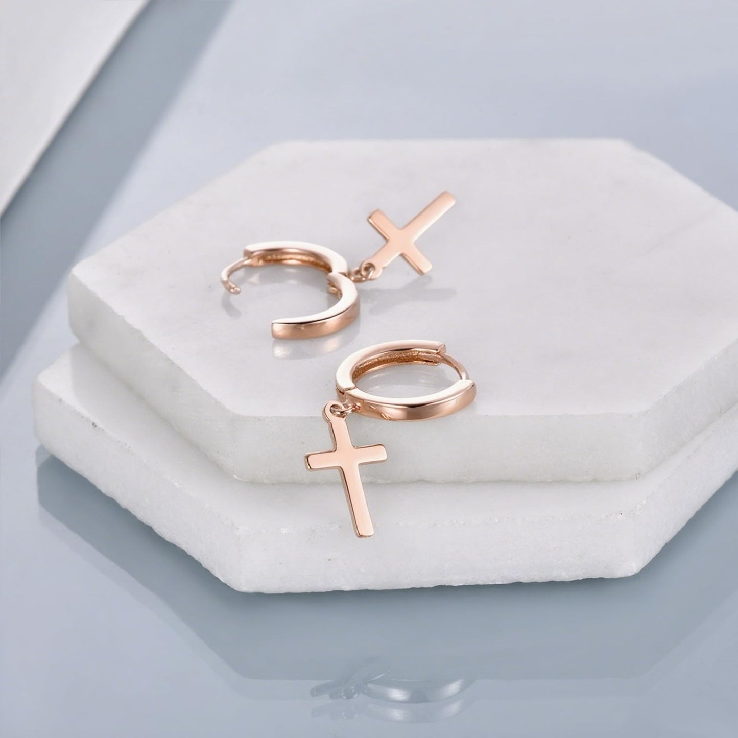 Sterling Silver Hanging Hoop Cross Earrings Rose Gold Plated Cross Dangle Drop Earrings for Women Religious Jewelry Gifts