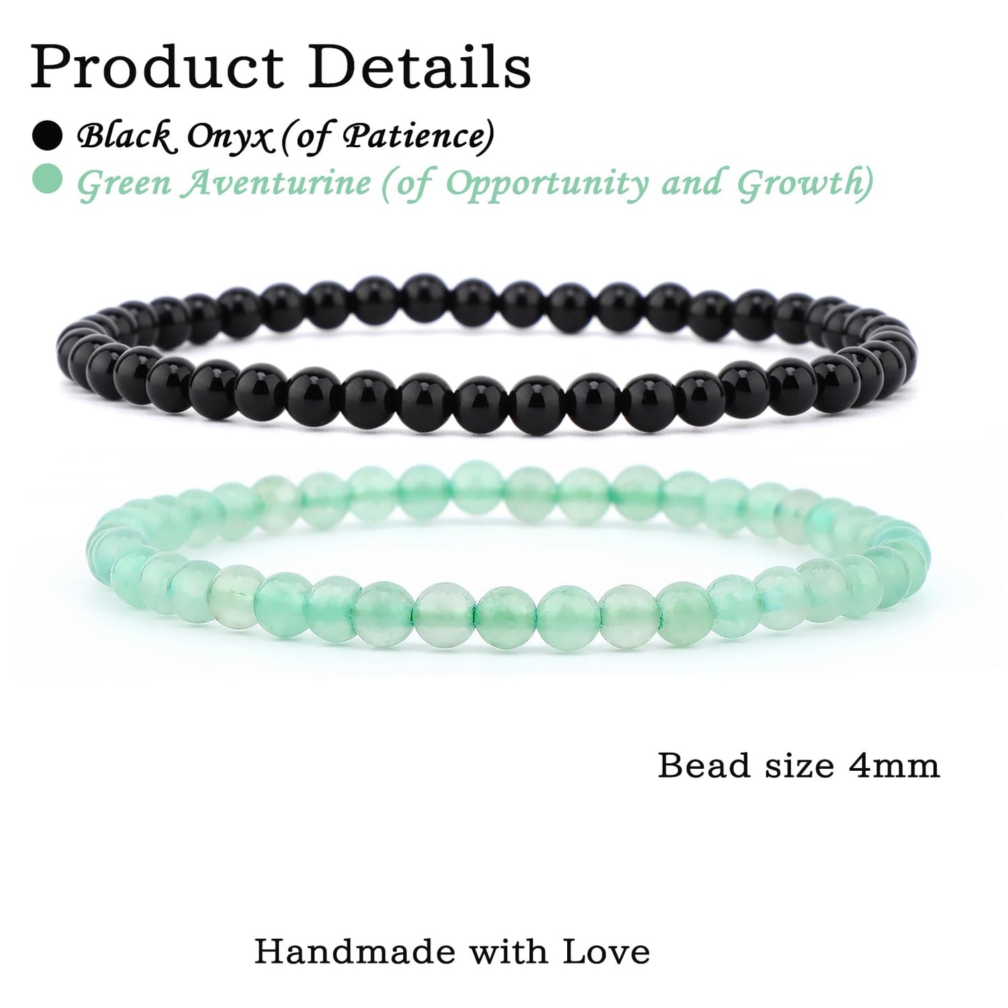 NCB 2-Piece 4mm Natural Crystal Gemstone Stretch Bracelets – ﻿Black Onyx, Green Aventurine Handmade Reiki Energy Healing Jewelry for Meditation,Yoga, Unisex