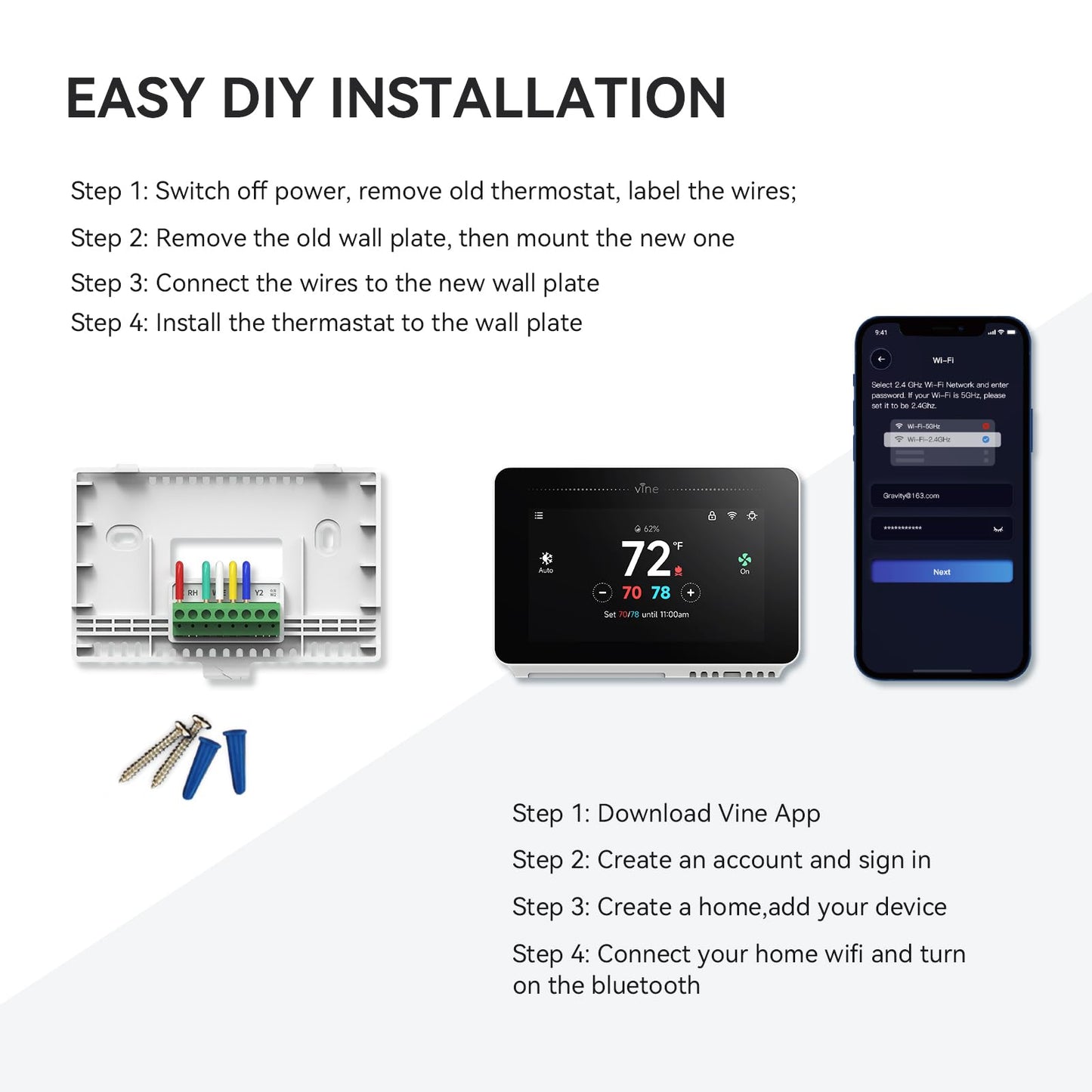 vine Programmable Thermostat for House with 4.3" Touch Screen, WiFi Smart Home Thermostat for AC and Heating, App/Voice Control, Compatible with Alexa and Google Assistant, C-Wire Required, TJ-919T