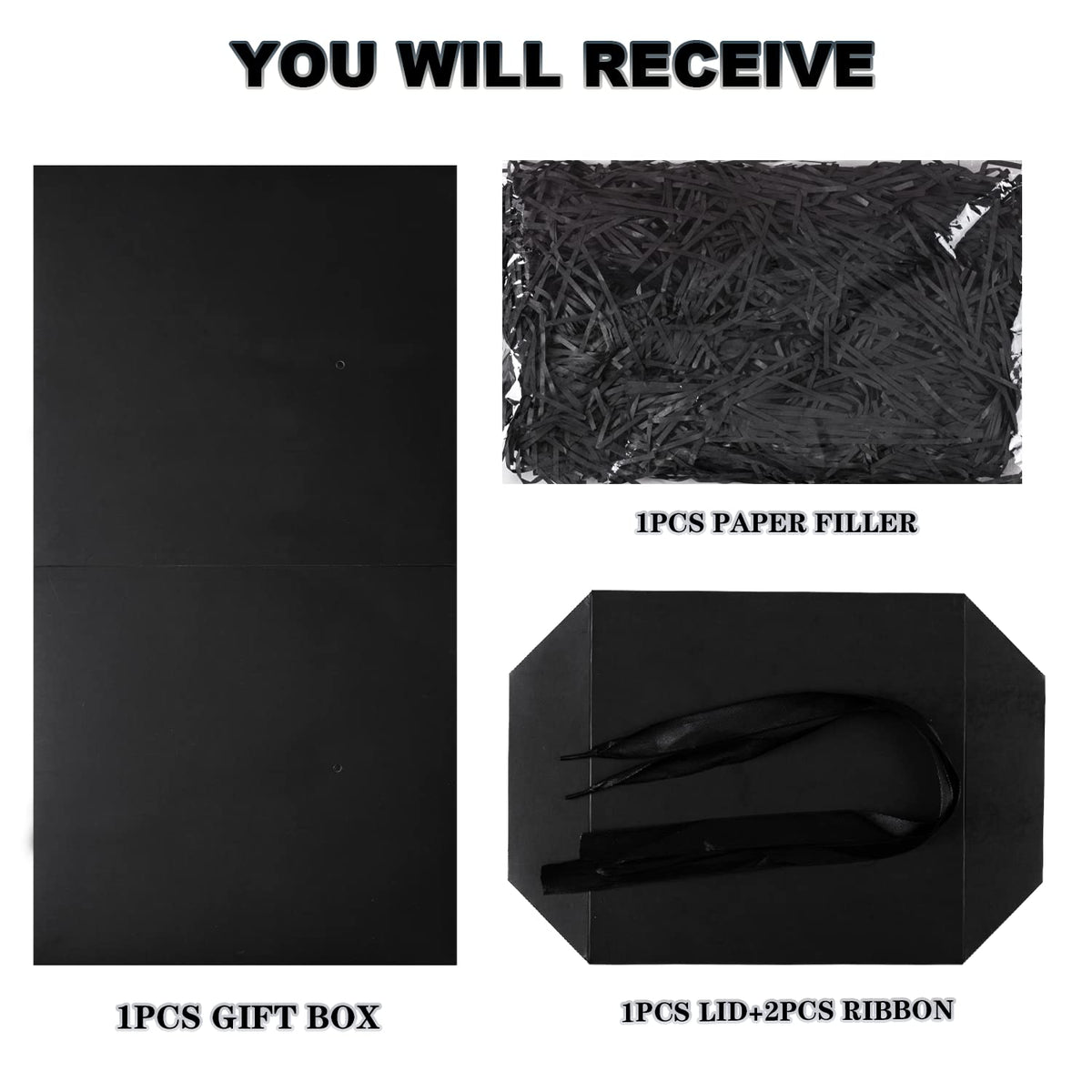 Elephant-package Medium Gift Box with Lids, Ribbon and Paper Filler, for Men Women Birthdays, Father's Day, Bridal Showers, Weddings, Baby Showers - Collapsible, 8.7", 1 Pack, Black