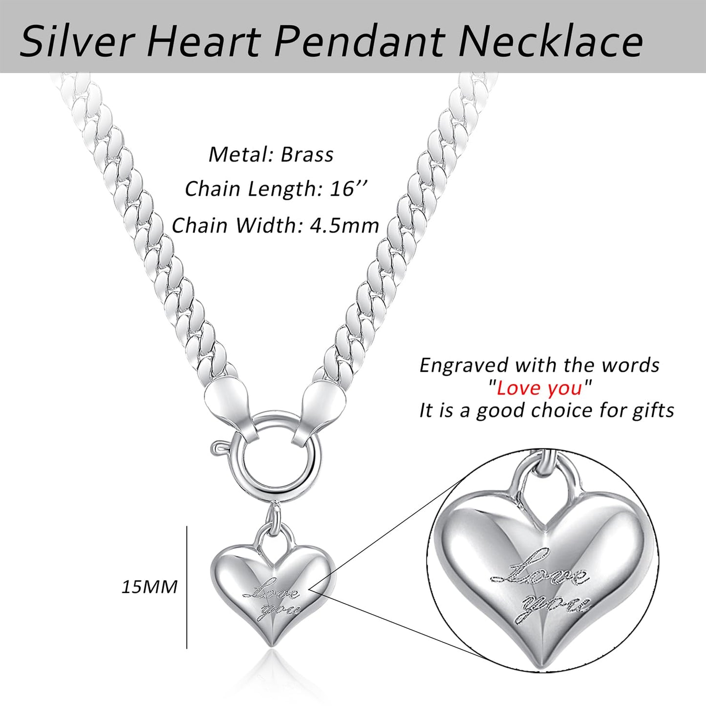 NUZON Love Heart Pendant Necklace for Women Silver Plated Thick Flat Herringbone Snake Chain Choker Engraving “Love You” Charm Sailor Lock Layering Jewelry 16’’