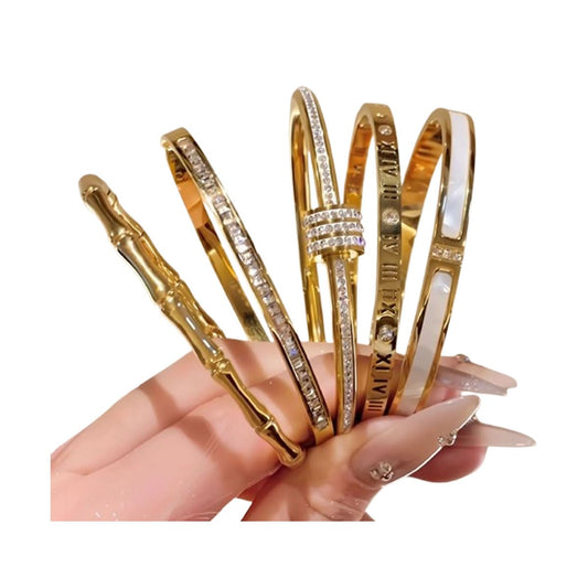 5-Piece Elegant Stainless Steel Bracelet Set, Fashionable Classic Design, Silver/Gold Love Bangle Non Tarnish Stackable Bracelet Trendy Jewelry Gift Gifts for Girlfriend Wife Her (Gold)