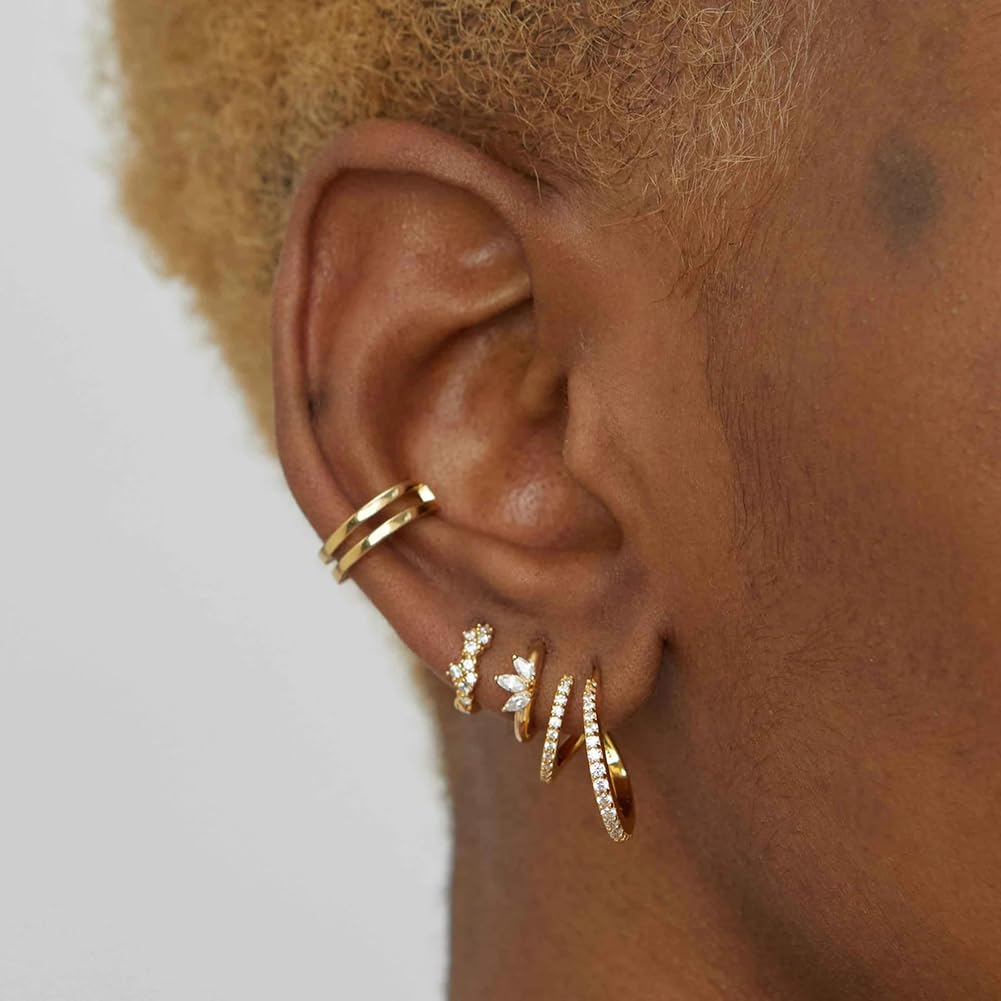 Obidos 14K Gold Plated Double Huggie Hoop Earrings for One Hole | Illusion Stud Earrings for Women | Gold Huggie Small Hoop Earrings for Women | Boho Simple Hypoallergenic Earrings