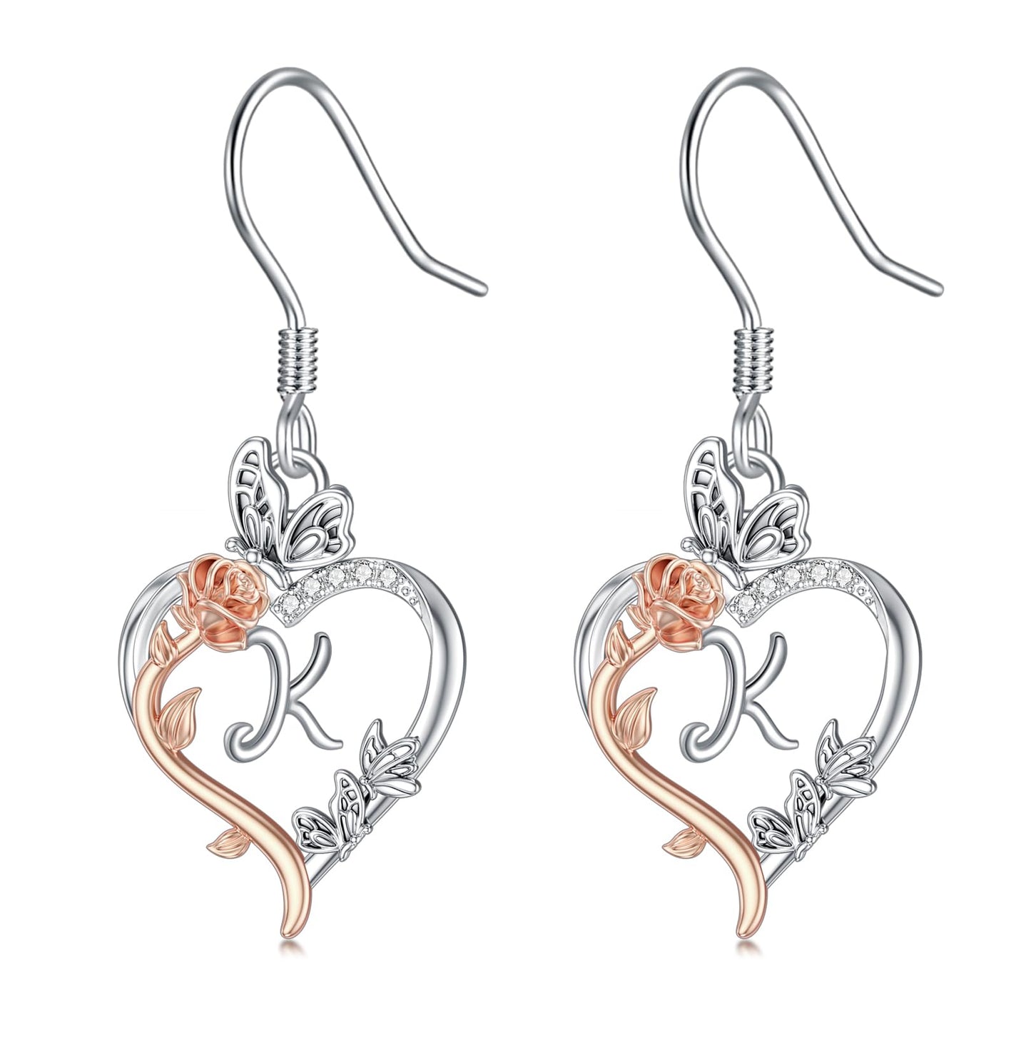 TOUPOP Rose Heart Initial Earrings Sterling Silver Butterfly Earring Initial K Letter Drop Dangle Earrings Jewelry Anniversary Birthday Mothers Day Gifts for Women Mom Wife Girlfriend Her