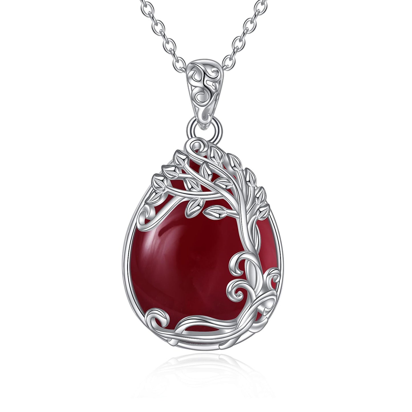 YAFEINI 925 Sterling Silver Red Agate Necklace Tree of Life Teardrop Pendant Necklace Jewelry for Women (KK-Tree of Life Red Agate Necklace)