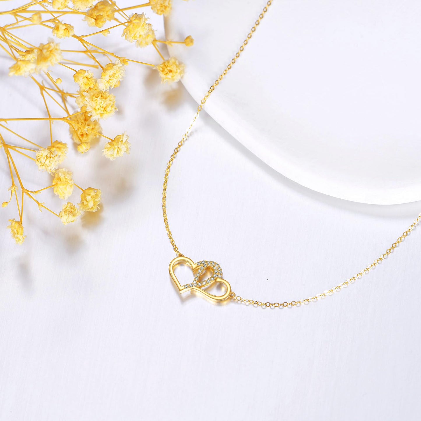DOVRAN 10K Solid Gold Double Heart Necklace Heart Pendant Jewelry Gifts for Men Women