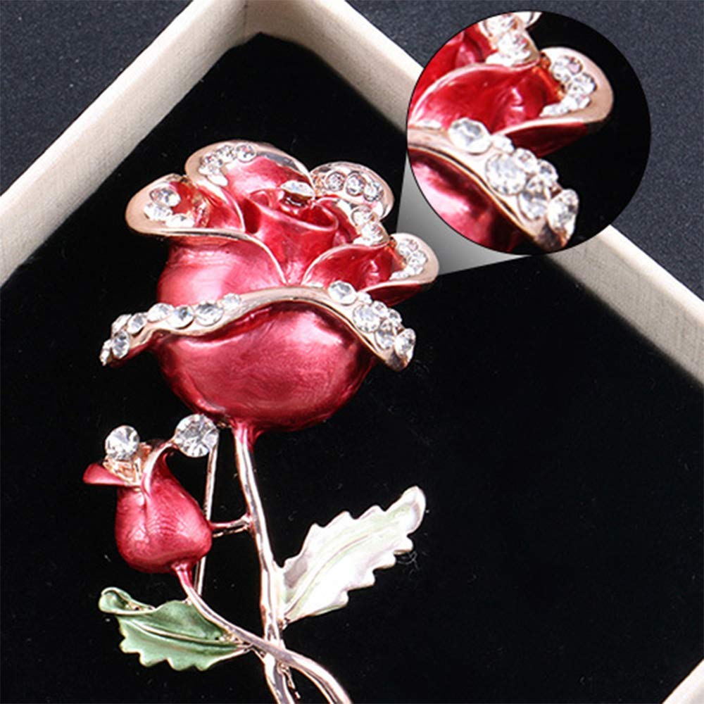 Enamel Crystal Red Rose Flower Brooch Pin Fashion Personality Floral Brooches Decorative Jacket pin Party Dance Wedding Banquet for Elegant Women Girl Jewelry Accessories(Red rose flower brooch)