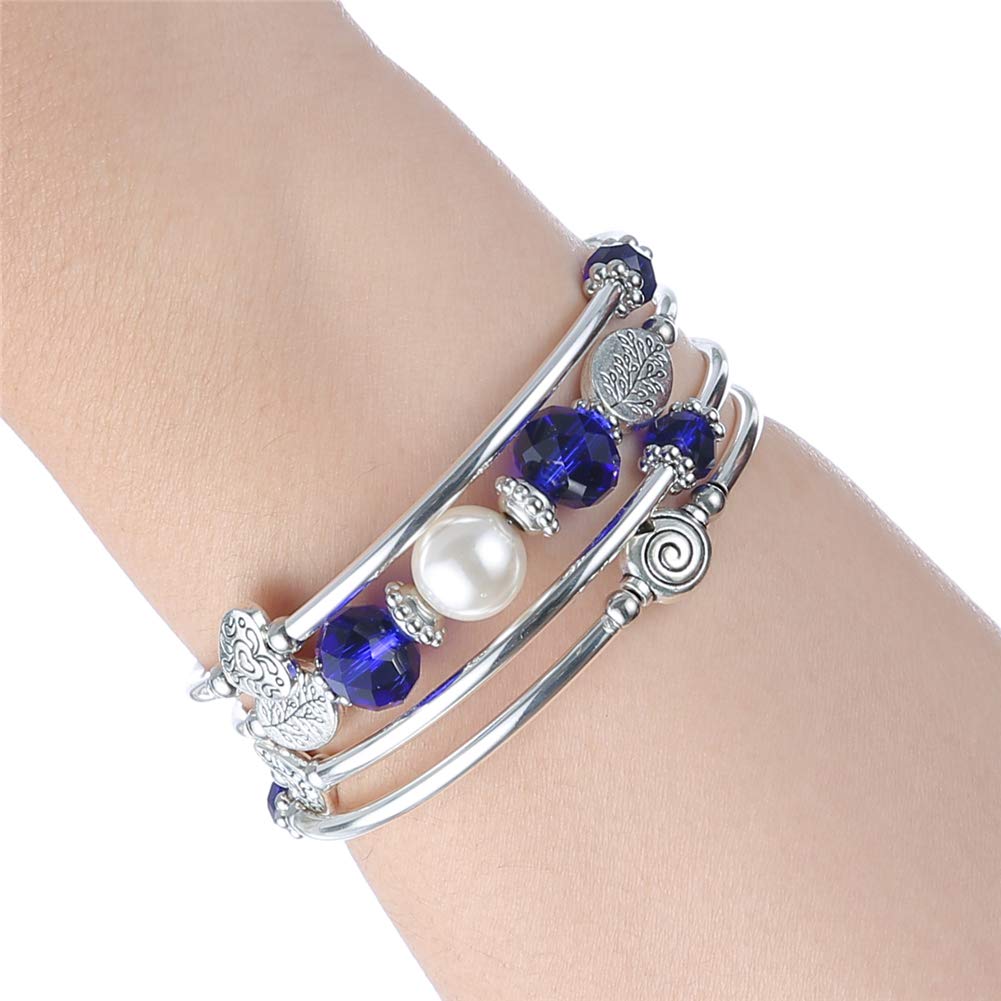 PEARL&CLUB Bead Crystal Wrap Bangle Bracelet - Fashion Jewelry Beaded Bracelet with Silver Metal, Gifts for Women(92-Sapphire)