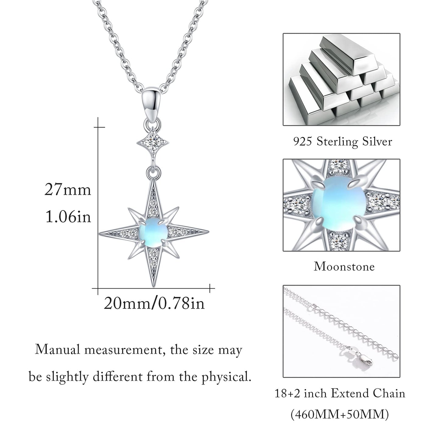 Silikepa Star Necklace for Women 925 Sterling Silver North Star Pendant Necklace with Moonstone Jewelry Gift for Women