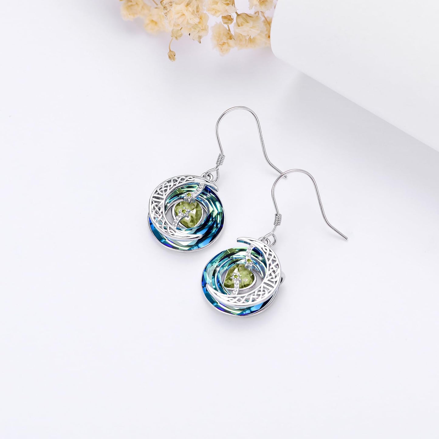 TOUPOP Peridot Earrings August Birthstone Earrings Sterling Silver Moon and Star Drop Dangle Earring Jewelry Blue Crystal Birthday Mothers Day Gifts for Women Mom Her