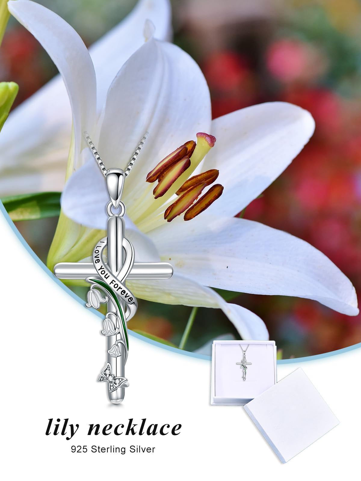 Flpruy Lily of the Valley Necklace 925 Sterling Silver May Cross Pendant Neckalce Lily of the Valley Jewelry Birth Month Flower Gifts for Women Her Mom