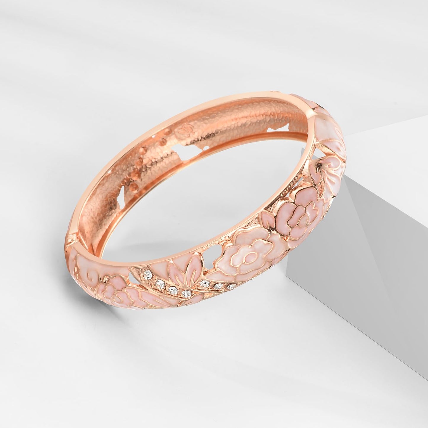 wynameleri Vintage Jewelry Cloisonne Handcrafted Enameled Gorgeous Rhinestone Flower Hinged Cuff Bracelet Bangles Gifts 88C06-55A106 Pink White