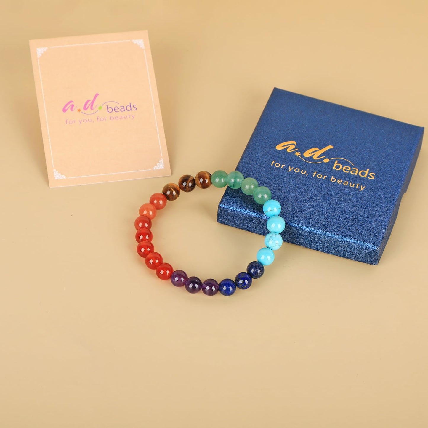 AD Beads Handmade Gemstone Stretch Elastic Bracelet Crystal Healing Reiki Nature's Beauty and Spiritual Essence Unisex (4mm, Seven Chakra Stones (Energy Balancing))