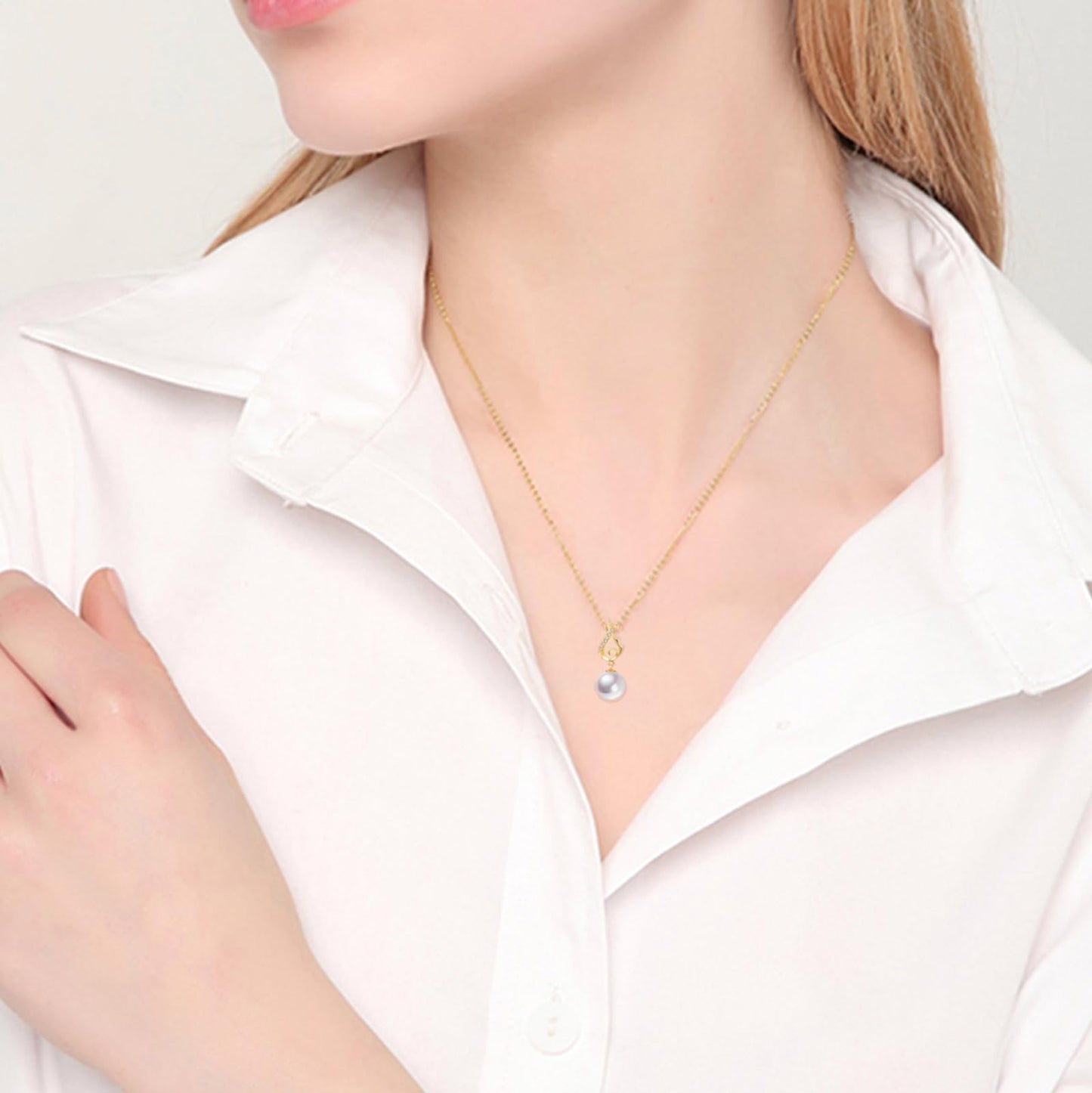 14K Gold Cubic Zirconia Wing Freshwater Cultured Pearl Necklace and Dangle Earrings Set, Fine Jewelry for Women
