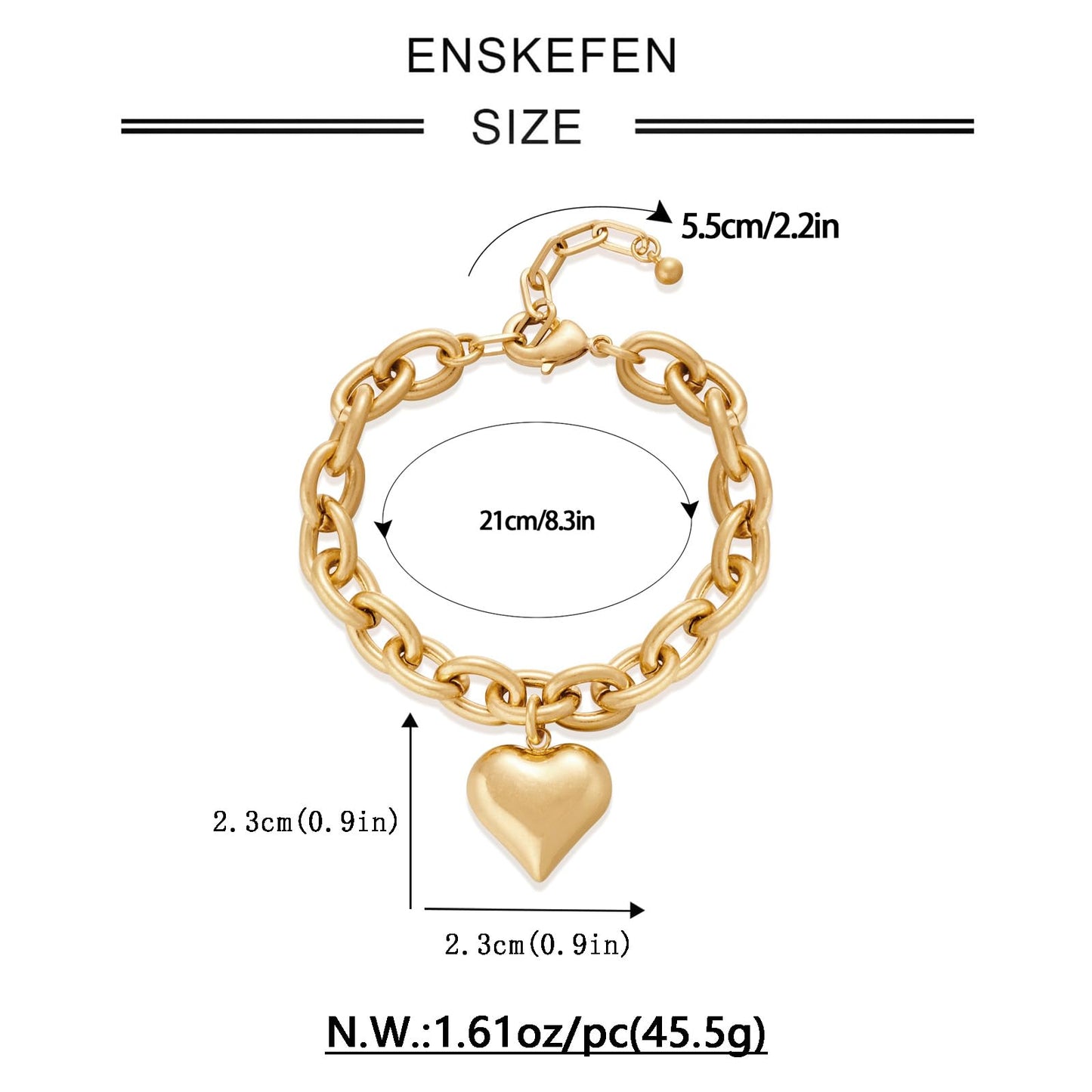 ENSKEFEN Puffy Heart Charm Bracelets for Women Chunky Love Heart Link Bracelets Adjustable Matte Gold Chain Bangle Bracelet
