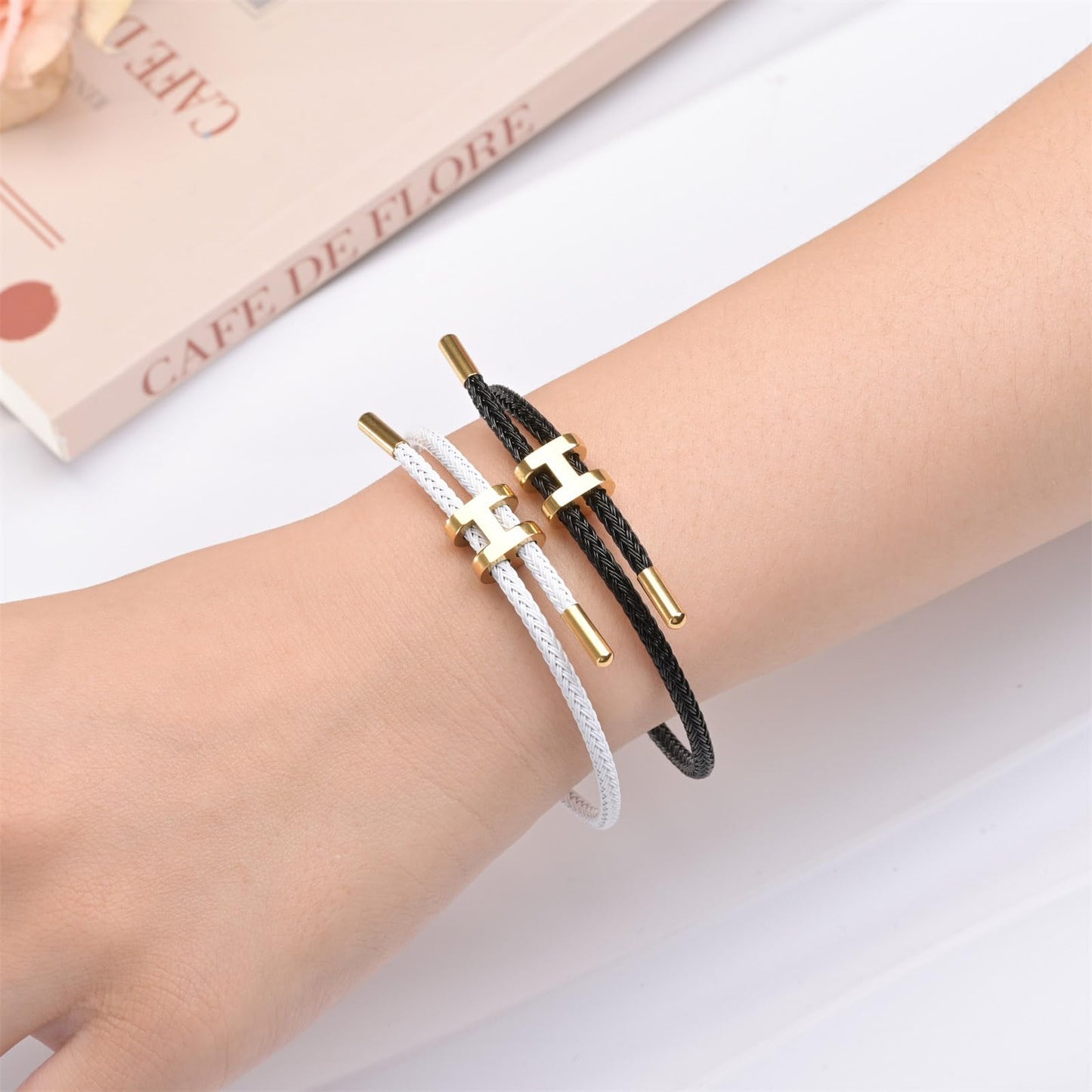 Hothink H Bracelets for Women,H Bangle and H Wire Rope Bracelet Set,Dainty Bracelets Set for Christmas Mothers Day Gifts for Women (Black and White Rope Bracelet)