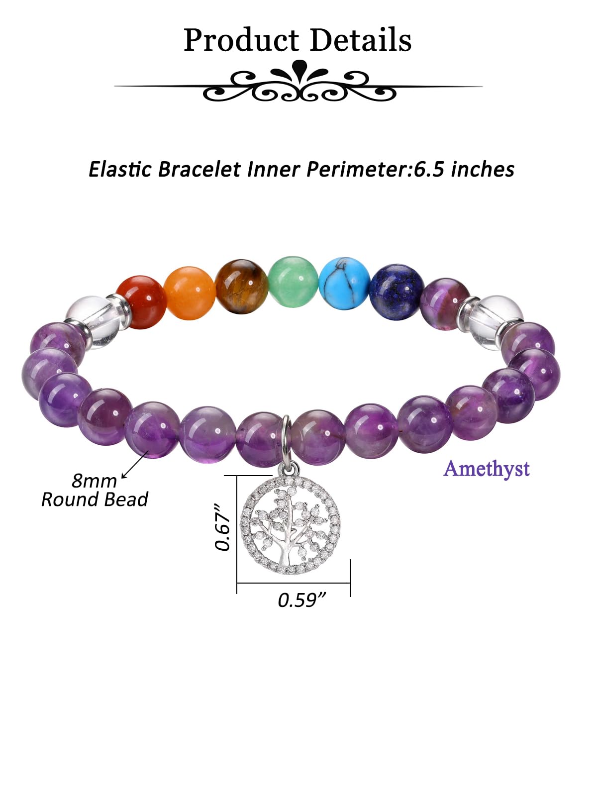 MANIFO Amethyst Chakra Crystals Bracelet for Women Healing Crystal Bracelet Natural Gemstone Beaded Bracelets with Life Tree Charm Jewellery Valentines Christmas Gifts