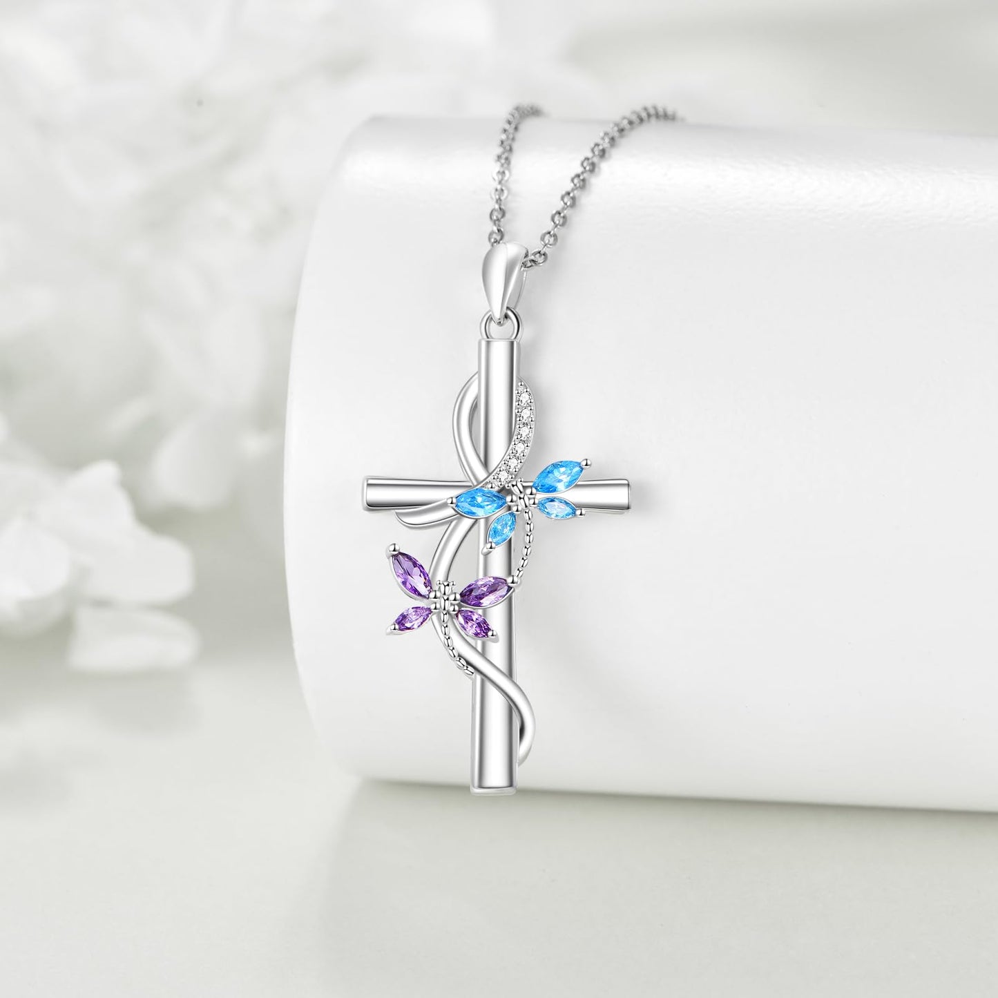 JERWLI Dragonfly Cross Necklace 925 Sterling Silver Dragonfly Cross Pendant Necklace Jewelry for Women Gifts