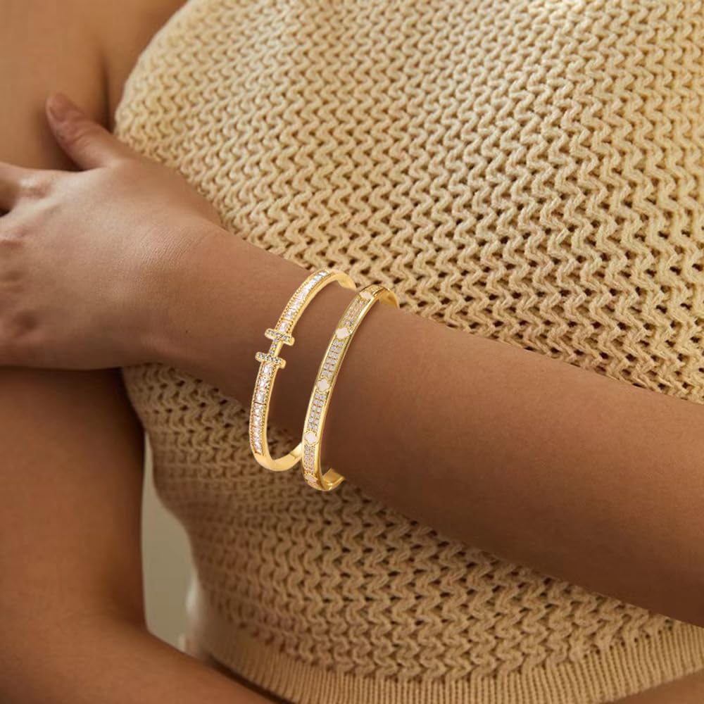 14K Gold Plated Love Bracelets Set for Women Clovers Bangle Letter H Bangle Cubic Zirconia Bracelet 2Pcs Stackable Bracelet Set Trendy Gifts for Women