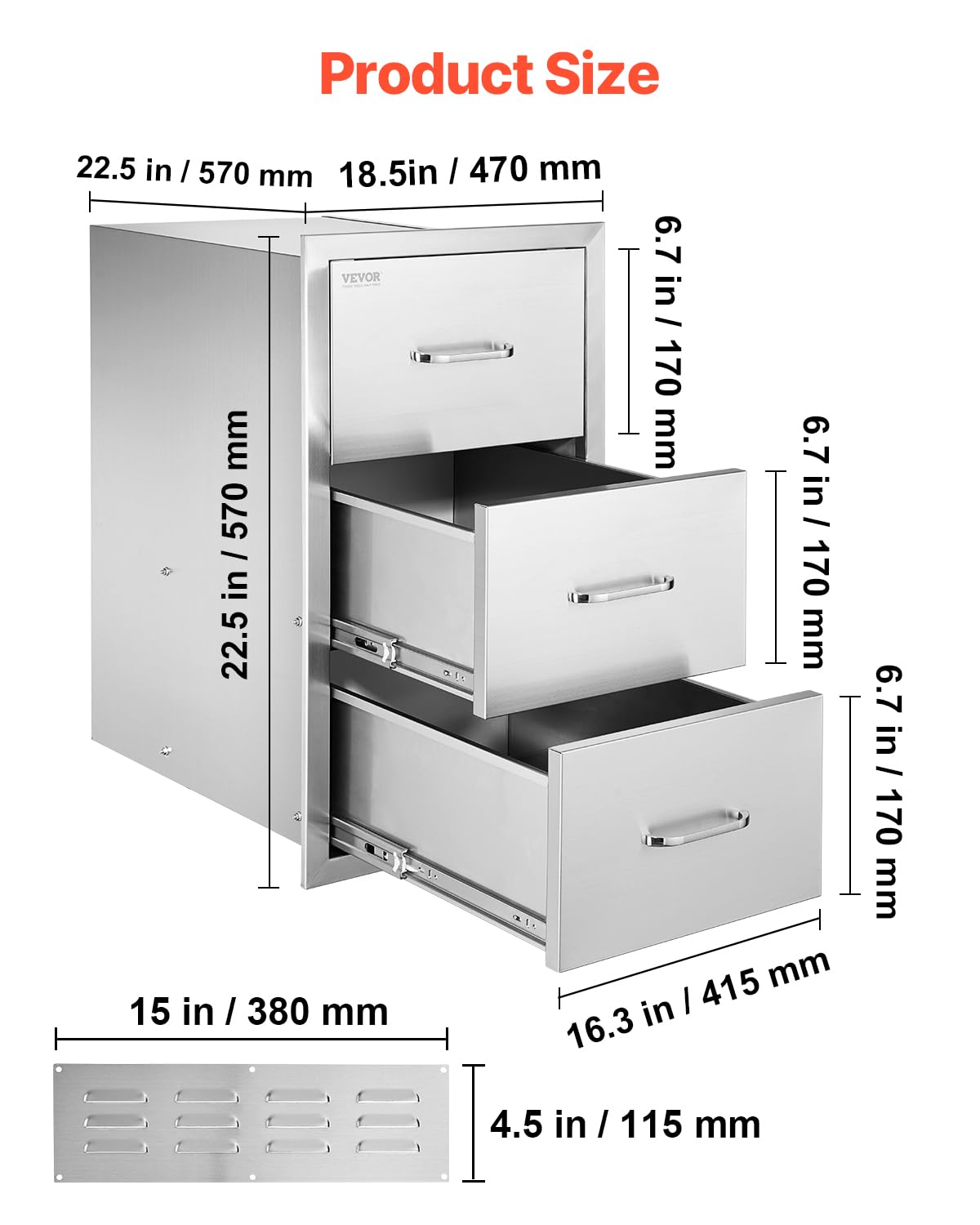 VEVOR Outdoor Kitchen Drawers, 18.5" W x 22.5" H x 22.5" D Triple Access Drawers, Stainless Steel Flush Mount Cabinets, BBQ Island Storage with Handle, for Outdoor Kitchens or Patio Grill Station