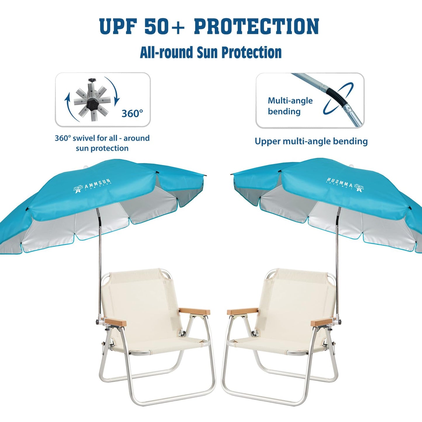 AMMSUN Chair Umbrella with Universal Clamp Adjustable 47 inches and 360° Swivel & UPF 50+ Protection Portable Sun Umbrella, Secure Clip on Camping/Beach Chairs, Stroller, Wheelchair, Golf cart, Lounger, Light Blue, 2 PACK