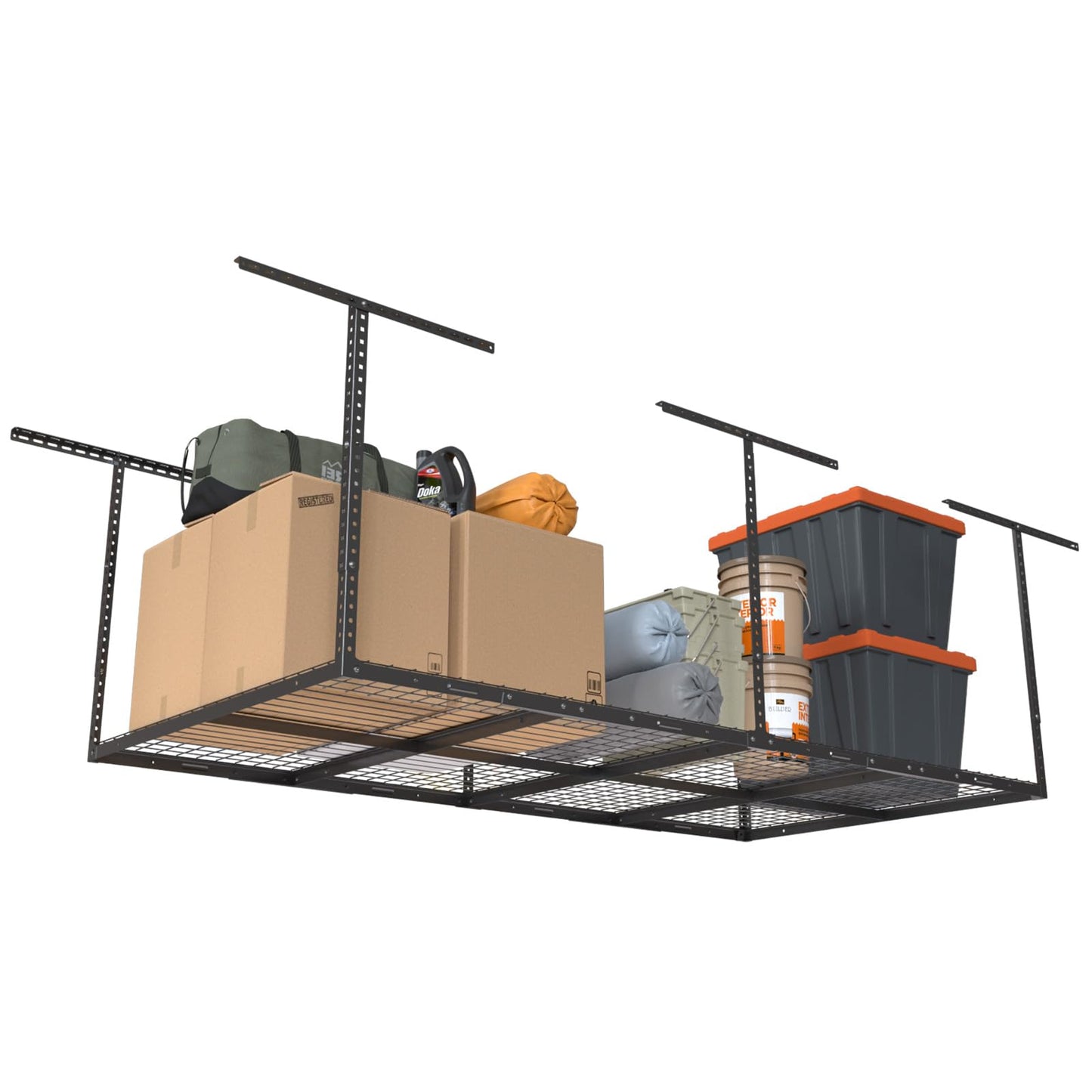 eShelf 4ftx8ft Overhead Garage Storage Rack, Heavy-Duty Metal Garage Ceiling Storage Rack, 22''-40" Adjustable Ceiling Drop-Down, 600 lb. Loading Weight Capacity, Black