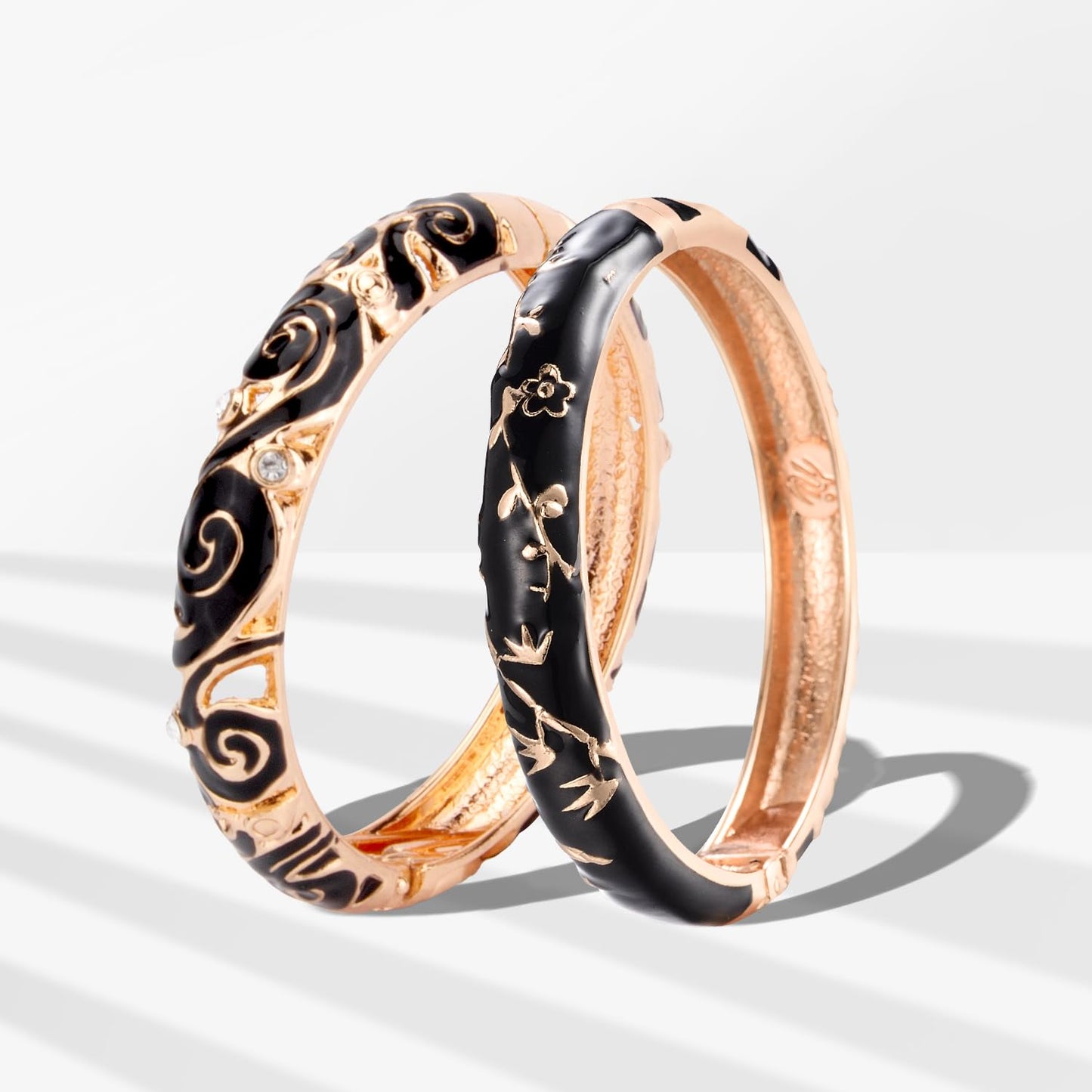 UJOY Vintage Cloisonne Jewelry Bracelet Plated Handmade Bead Rhinestones Enamel Spring Cuff Bangles 2 Pcs Set for Womens Gift 88A17-55A117 Black