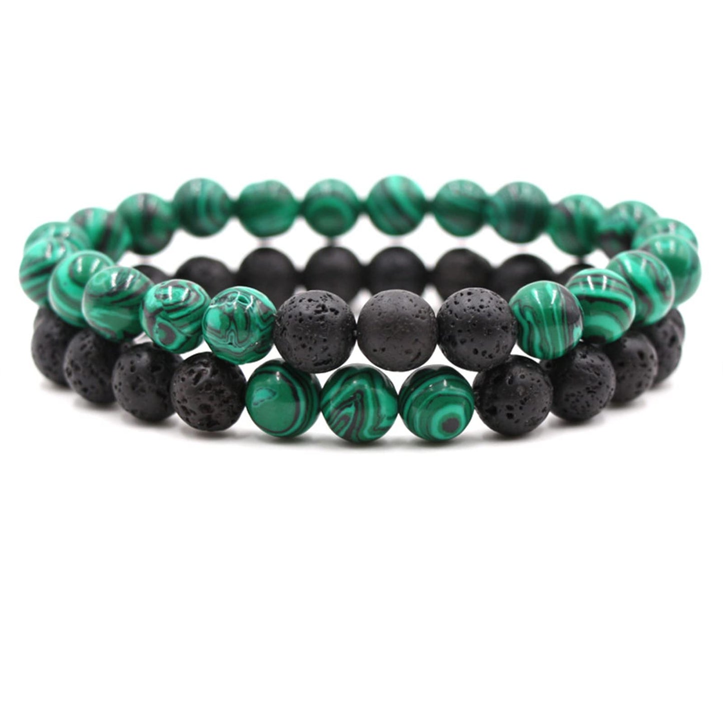 2Pcs Matte Lava Rock Volcanic Stone Beads Stretch Bracelet Stacking Essential Oil Diffuser Tiger Eye Seed Energy Yoga Bracelet for Men Women Couple Stress Relief Healing Aromatherapy Jewelry-E green