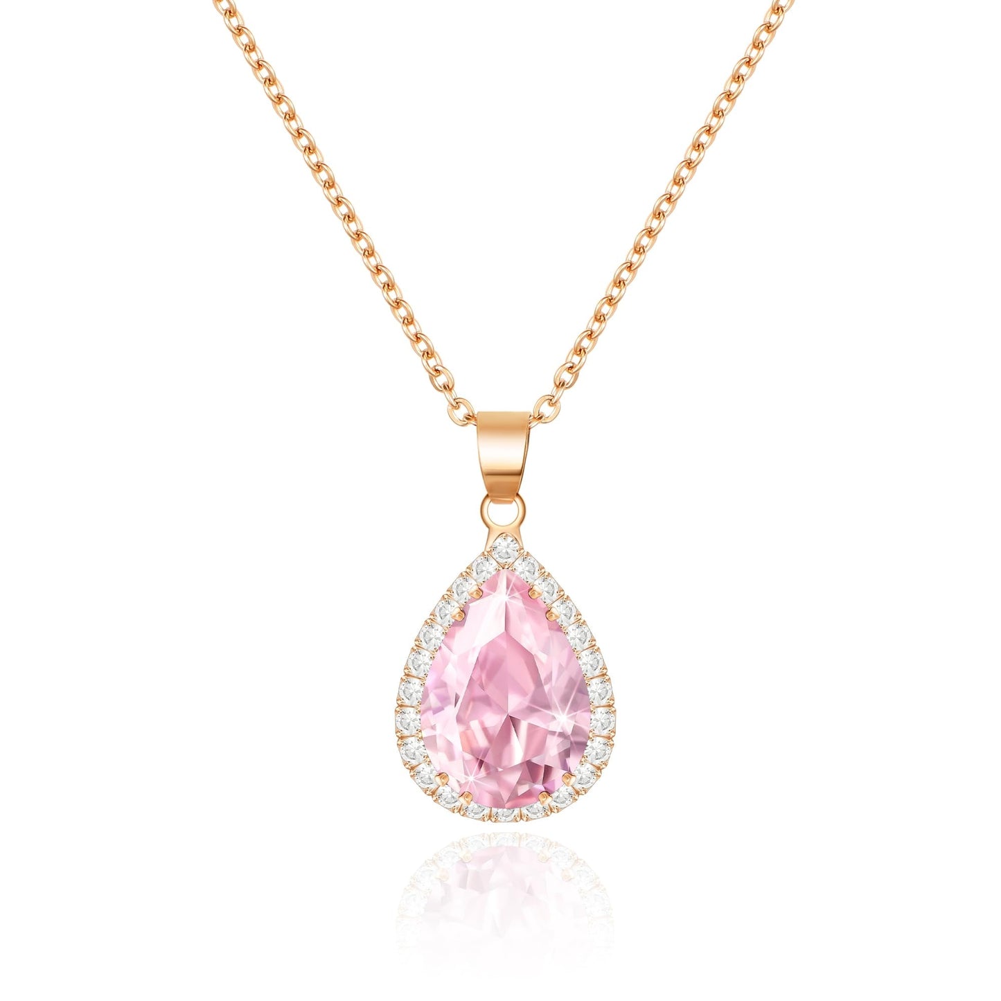 Linawe Pink Crystal Necklace, Rose Gold Chain Imitation Diamond Pendant Cubic Zirconia Birthstone Rhinestone Teardrop Necklace, Preppy Bridal Wedding Bride Boho Jewelry