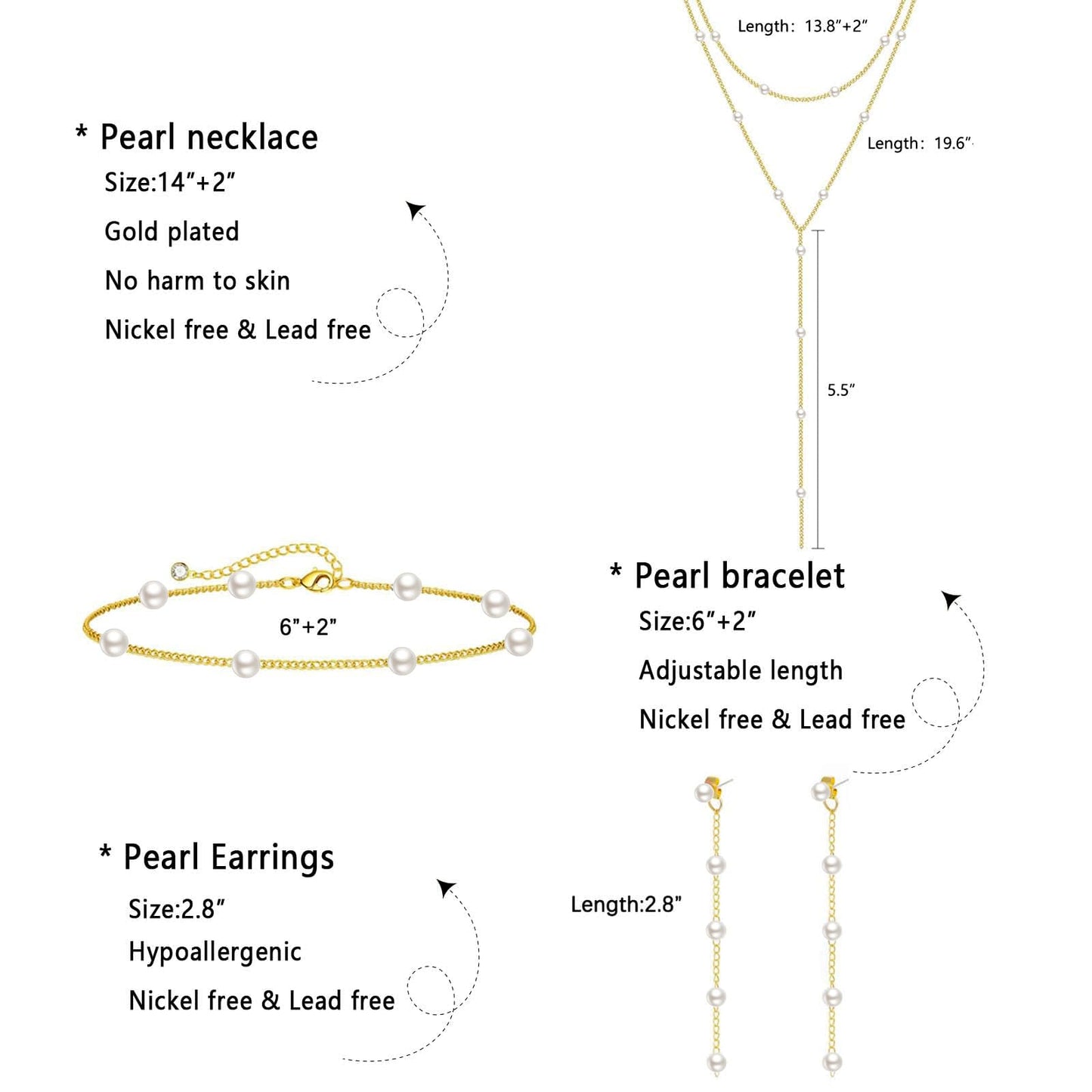 Zeffy Lariat Long Gold Necklace for Women Gold Jewelry Set Dainty Layered Pearl Y Necklaces Pearl Drop Earrings Bracelets Trendy Wedding Bride Jewelry Gift