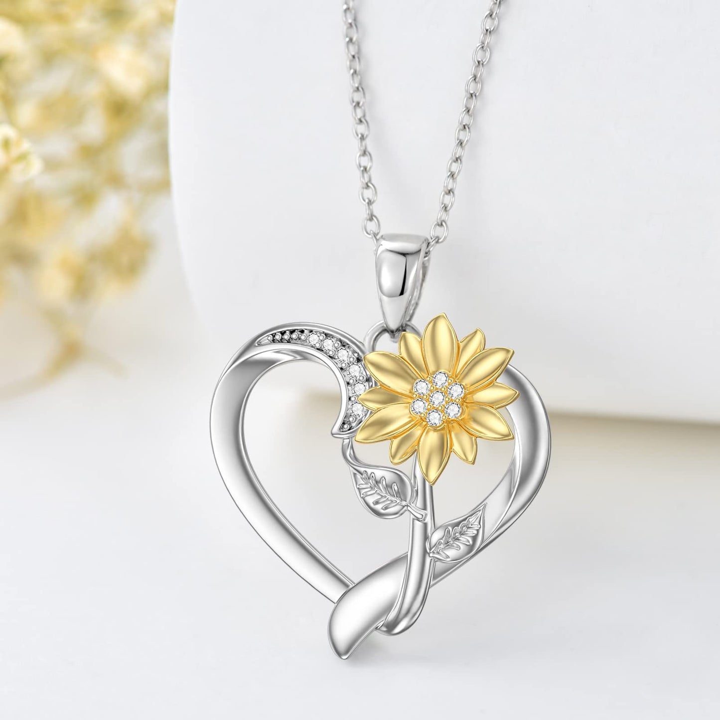 ZBA Diamond Sunflower Necklace for Women Sterling Silver Heart Pendant Jewelry, Anniversary Valentines Mothers Day Gifts for Mom Mother Girlfriend Her Sunflower Lover