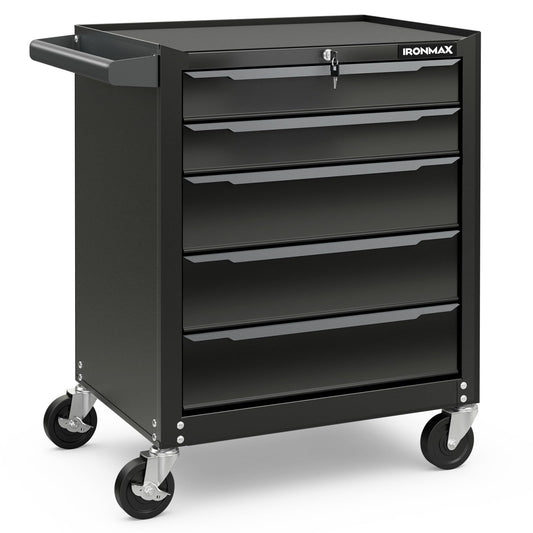 Goplus 5-Drawer Rolling Tool Chest, Steel Tool Storage Cabinet with Handle, Hanging Holes, Central Keyed Locking System, Universal Lockable Wheels, Tool Organizer Box for Garage Workshop