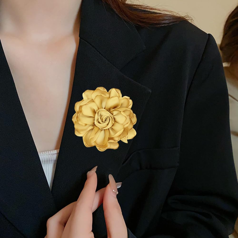 Elegant Large Cloth Flower Brooches Big Camellia Flower Pin for Women Dainty Cloth Fabric Rose Brooches Dress Skirt Scarf Hat Pins Clothing Decoration Accessories (Yellow A)