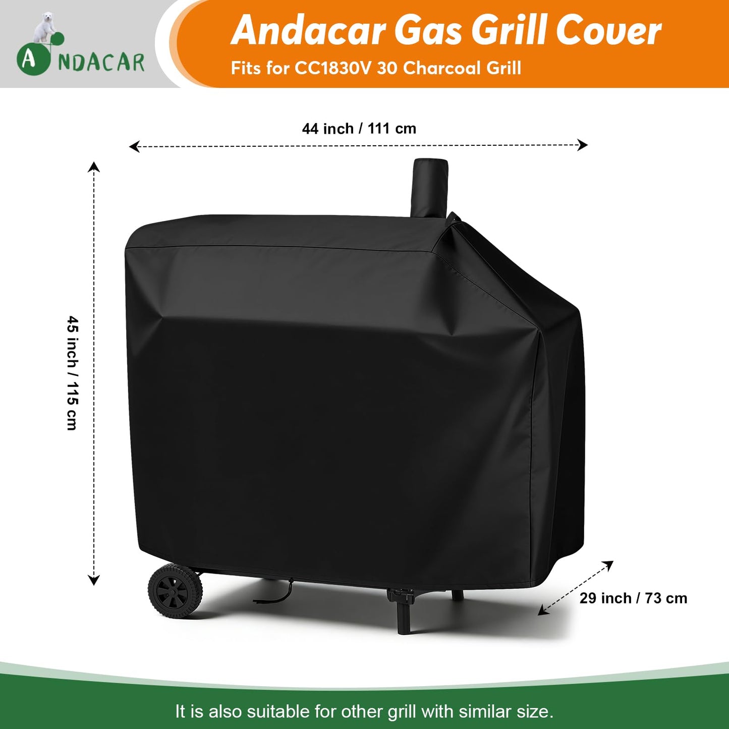 Andacar Charcoal Grill Cover for CC1830V 30 Charcoal Grill, Smoker Grill Cover for Outdoor Grill Waterproof BBQ Grill Cover - 44" L×29" W×45" H, Black