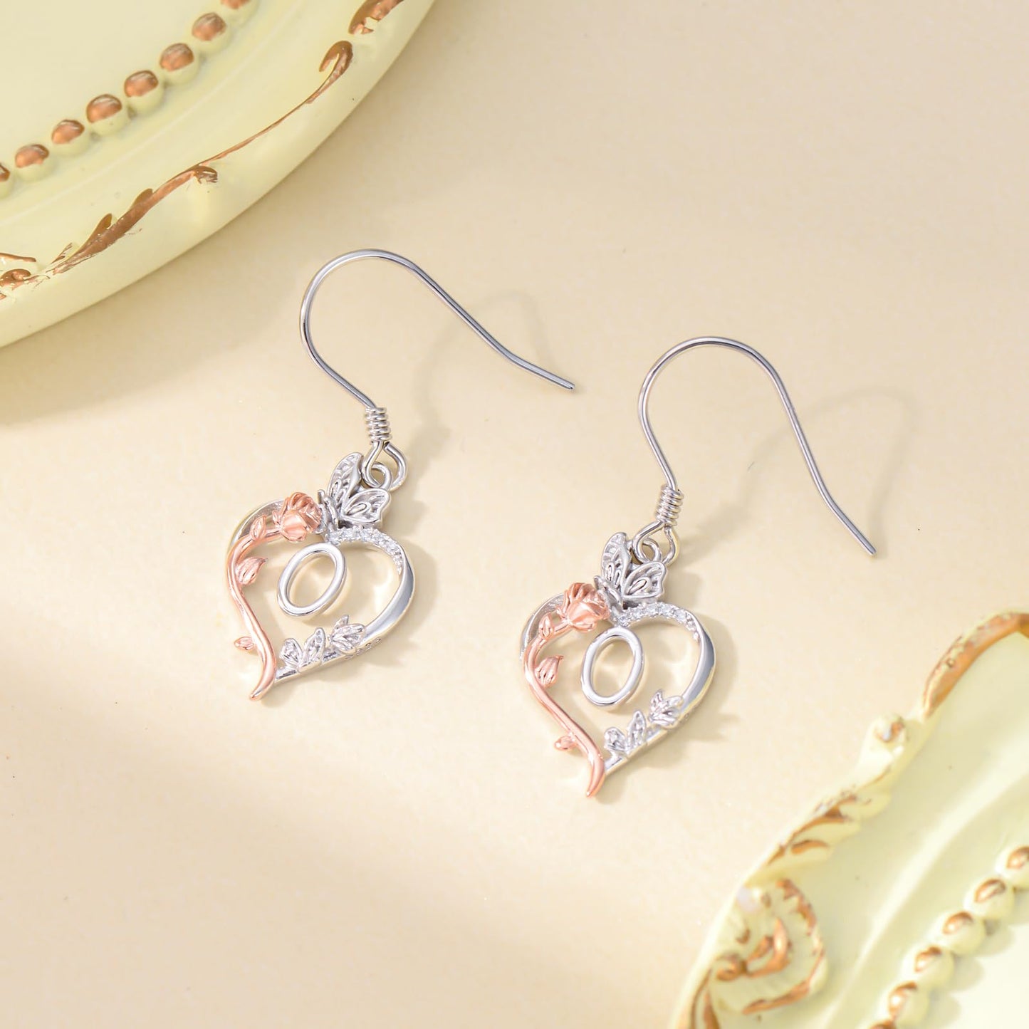 TOUPOP Rose Heart Initial Earrings Sterling Silver Butterfly Earring Initial O Letter Drop Dangle Earrings Jewelry Anniversary Birthday Mothers Day Gifts for Women Mom Wife Girlfriend Her