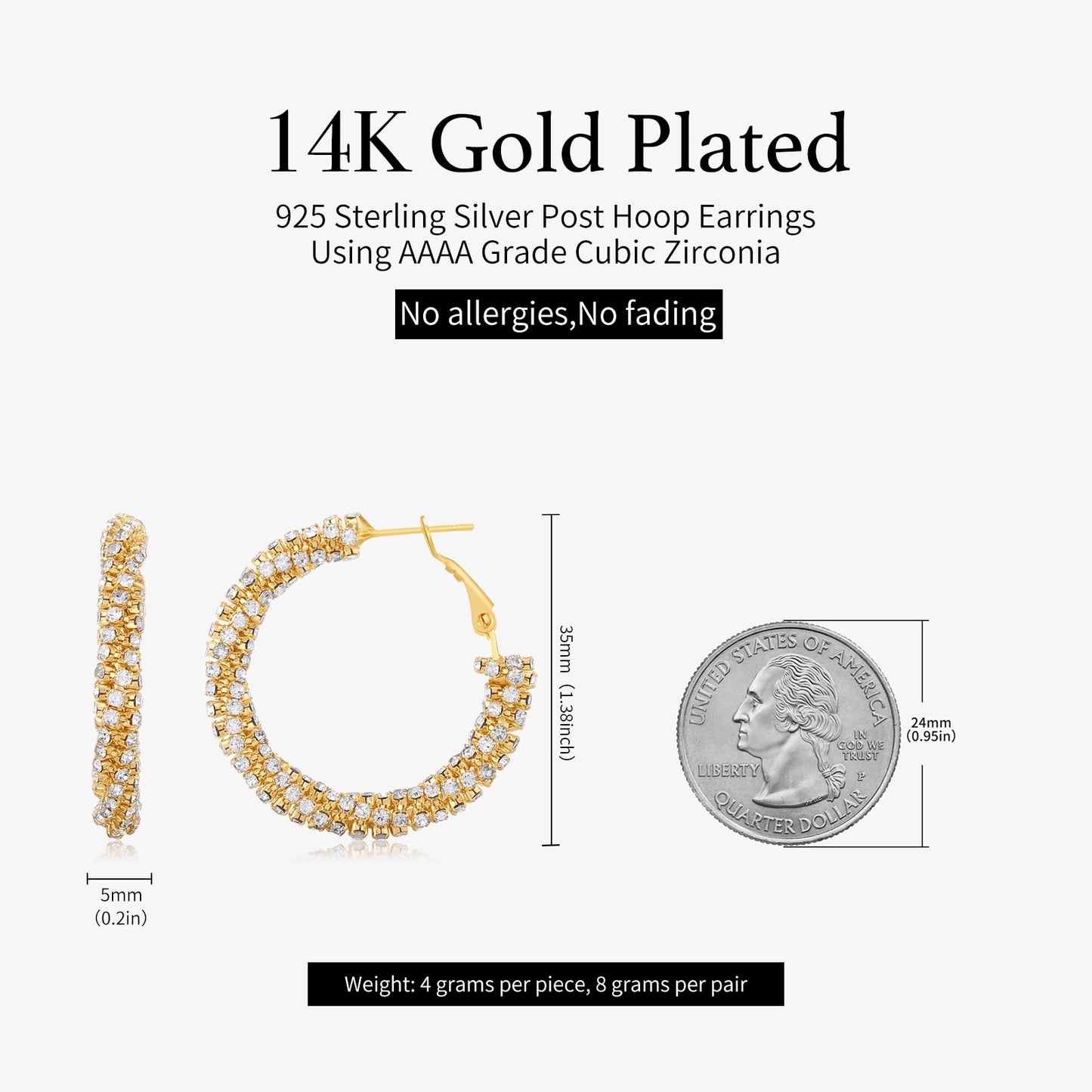 SayovatBek 14K Gold Plated 25–35mm Lightweight Hoop Earrings for Women, Cubic Zirconia, 925 Sterling Silver Post, Hypoallergenic Jewelry