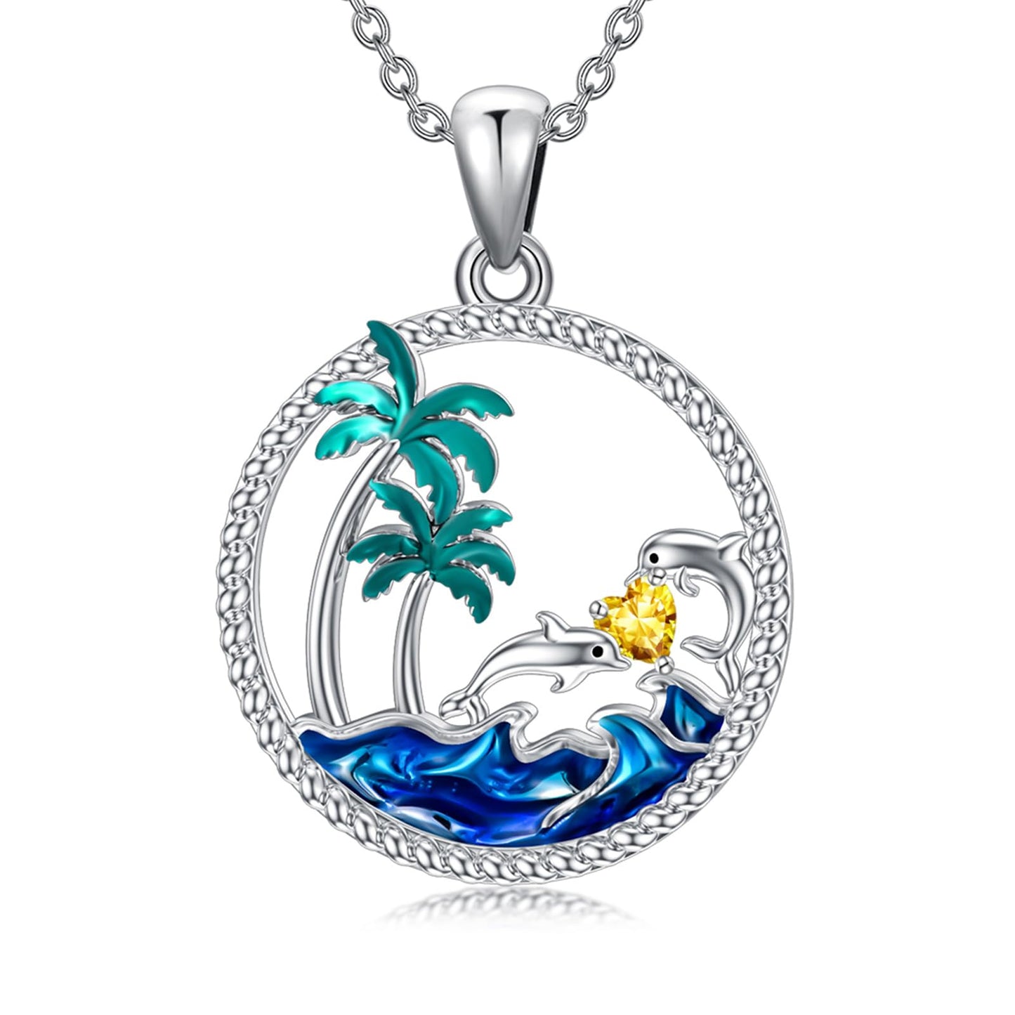 PROESS Dolphin Necklace Sterling Silver November Birthstone Necklace Palm Tree Beach Jewelry Ocean Animal Gifts for Women Daughter