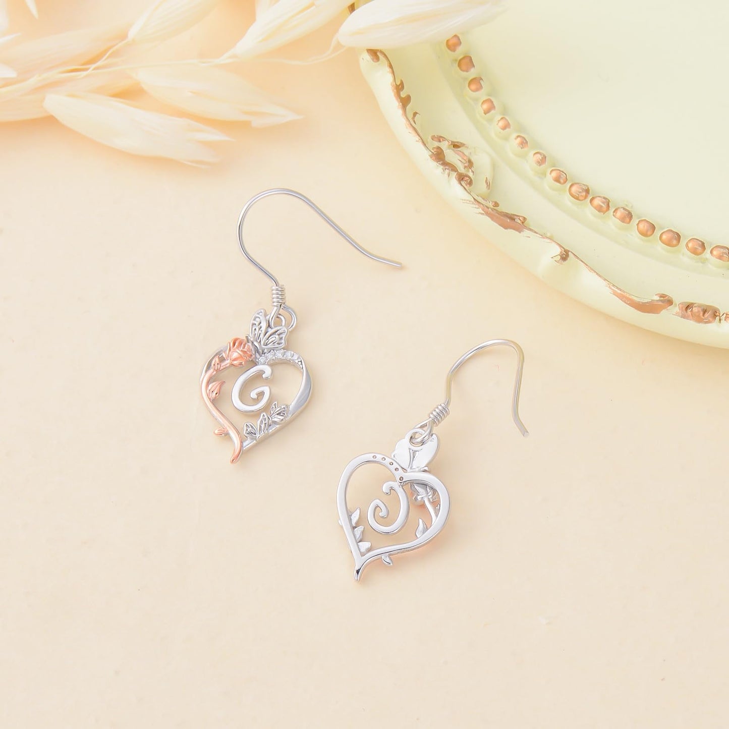 TOUPOP Rose Heart Initial Earrings Sterling Silver Butterfly Earring Initial G Letter Drop Dangle Earrings Jewelry Anniversary Birthday Mothers Day Gifts for Women Mom Wife Girlfriend Her