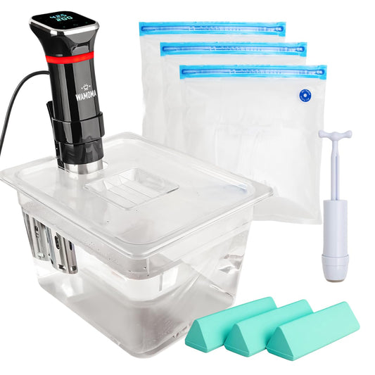 Wamoma Sous Vide Complete Bundle – 1100W Precision Cooker IPX7 Waterproof + 12-Qt Container with Lid + Hand Vacuum Pump & Reusable Bags + Silicone Weights for Perfect Cooking Results